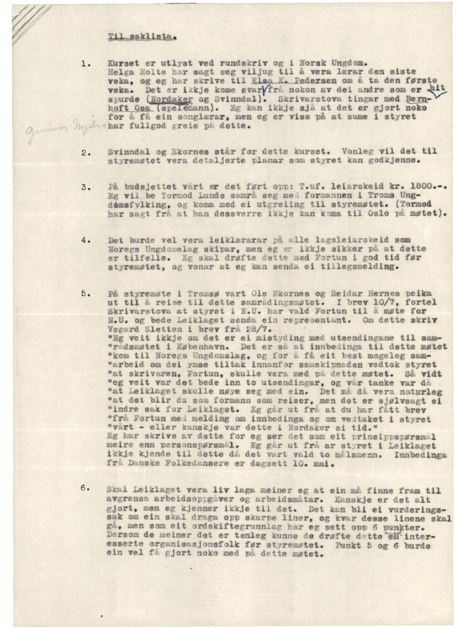 Samling etter Klara Semb, NSFF/KS/B/060: Mogleg saksliste til leikrådsmøte i Noregs Ungdomslag, 1957, p. 3-4