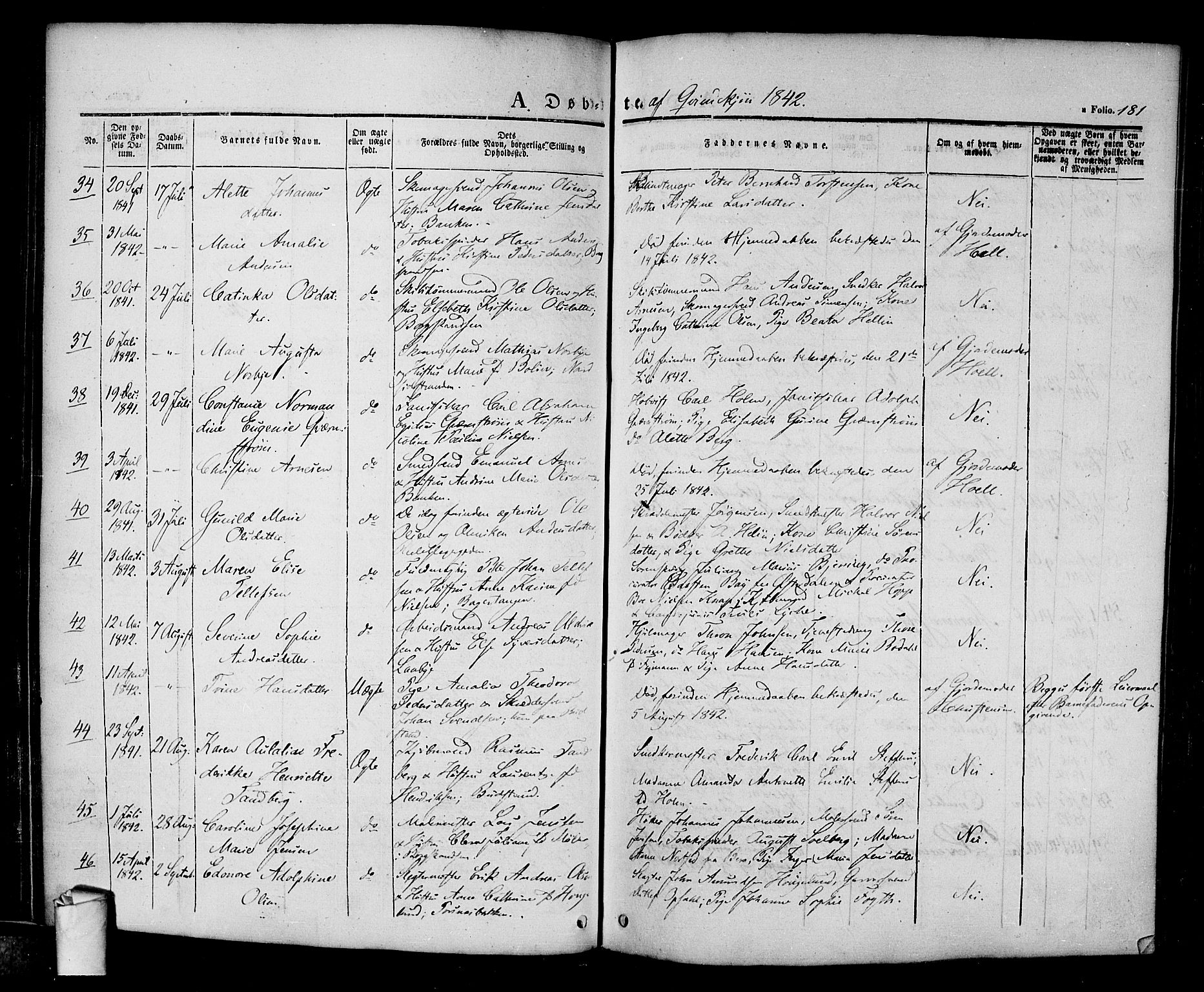 Halden prestekontor Kirkebøker, SAO/A-10909/F/Fa/L0005: Parish register (official) no. I 5, 1834-1845, p. 181
