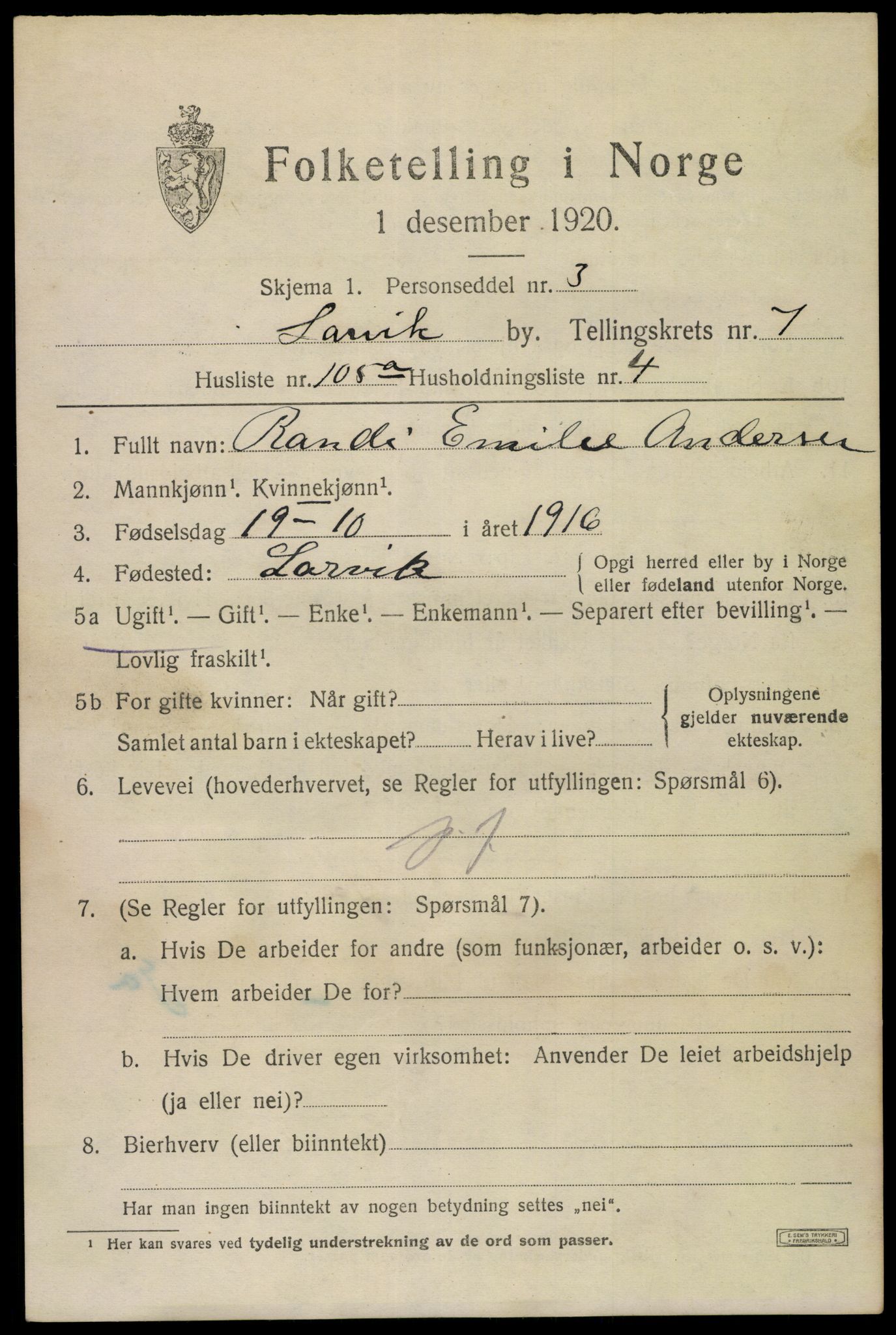 SAKO, 1920 census for Larvik, 1920, p. 22544