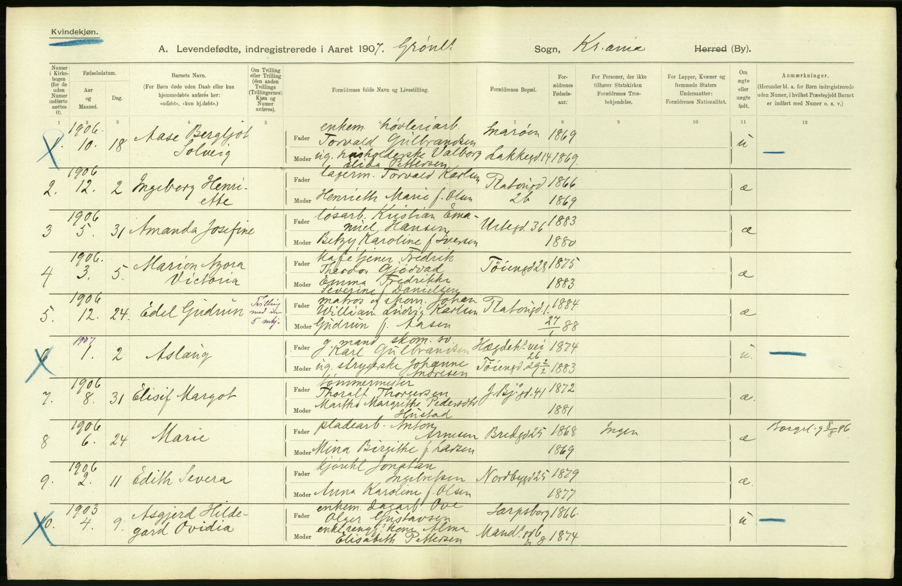 Statistisk sentralbyrå, Sosiodemografiske emner, Befolkning, AV/RA-S-2228/D/Df/Dfa/Dfae/L0007: Kristiania: Levendefødte menn og kvinner., 1907, p. 366