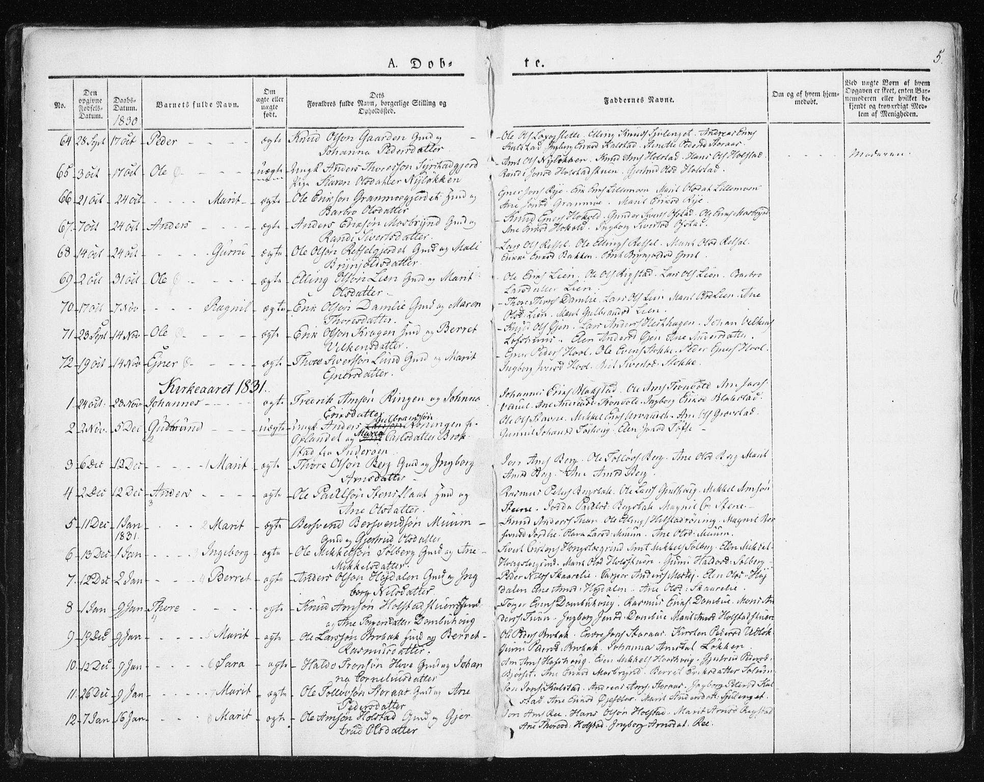 Ministerialprotokoller, klokkerbøker og fødselsregistre - Sør-Trøndelag, SAT/A-1456/672/L0855: Parish register (official) no. 672A07, 1829-1860, p. 5