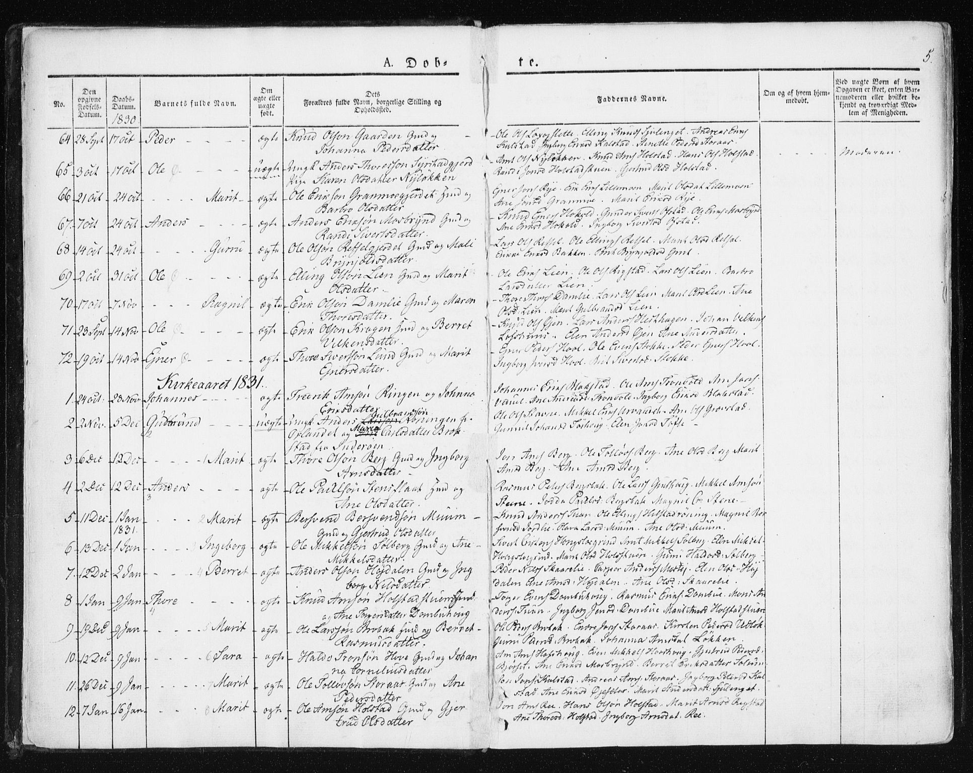 Ministerialprotokoller, klokkerbøker og fødselsregistre - Sør-Trøndelag, AV/SAT-A-1456/672/L0855: Parish register (official) no. 672A07, 1829-1860, p. 5