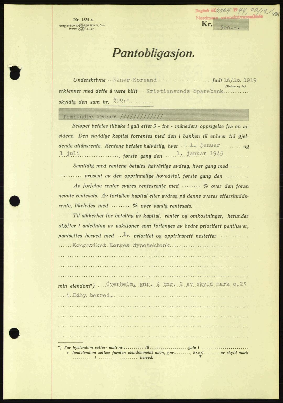 Nordmøre sorenskriveri, AV/SAT-A-4132/1/2/2Ca: Mortgage book no. B92, 1944-1945, Diary no: : 2224/1944