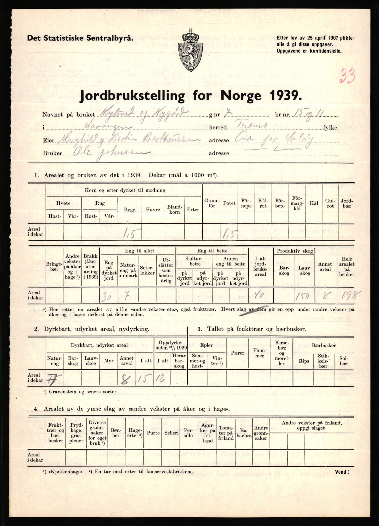 Statistisk sentralbyrå, Næringsøkonomiske emner, Jordbruk, skogbruk, jakt, fiske og fangst, AV/RA-S-2234/G/Gb/L0339: Troms: Andørja, Astafjord og Lavangen, 1939, p. 1279