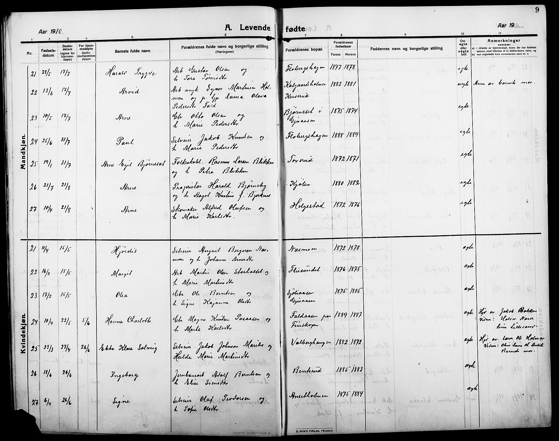 Åsnes prestekontor, AV/SAH-PREST-042/H/Ha/Hab/L0007: Parish register (copy) no. 7, 1909-1926, p. 9