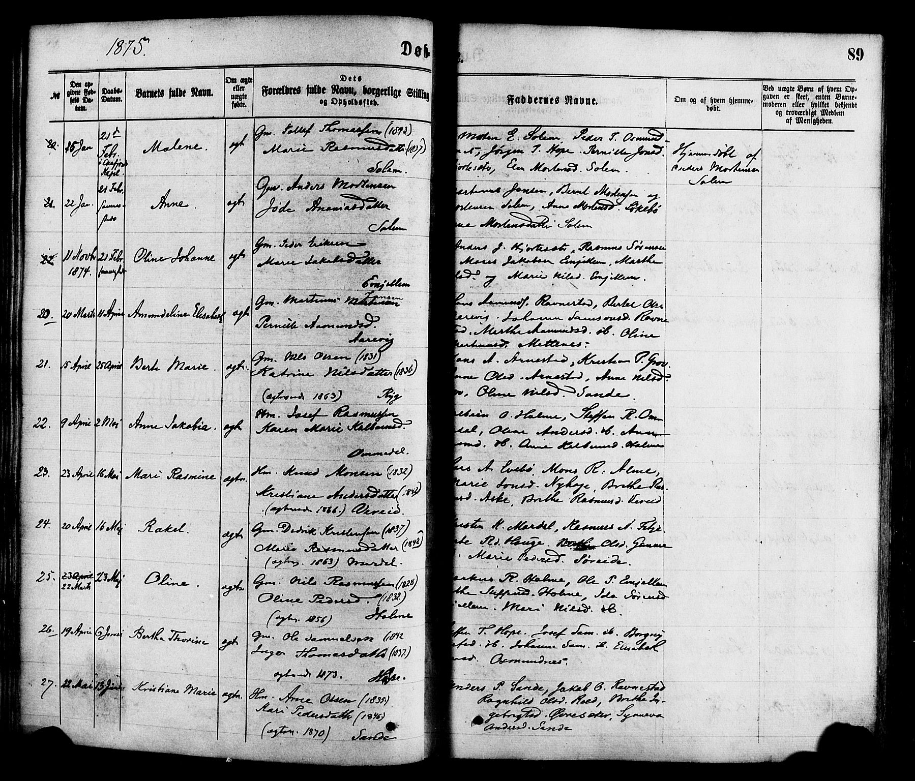 Gloppen sokneprestembete, AV/SAB-A-80101/H/Haa/Haaa/L0010: Parish register (official) no. A 10, 1871-1884, p. 89