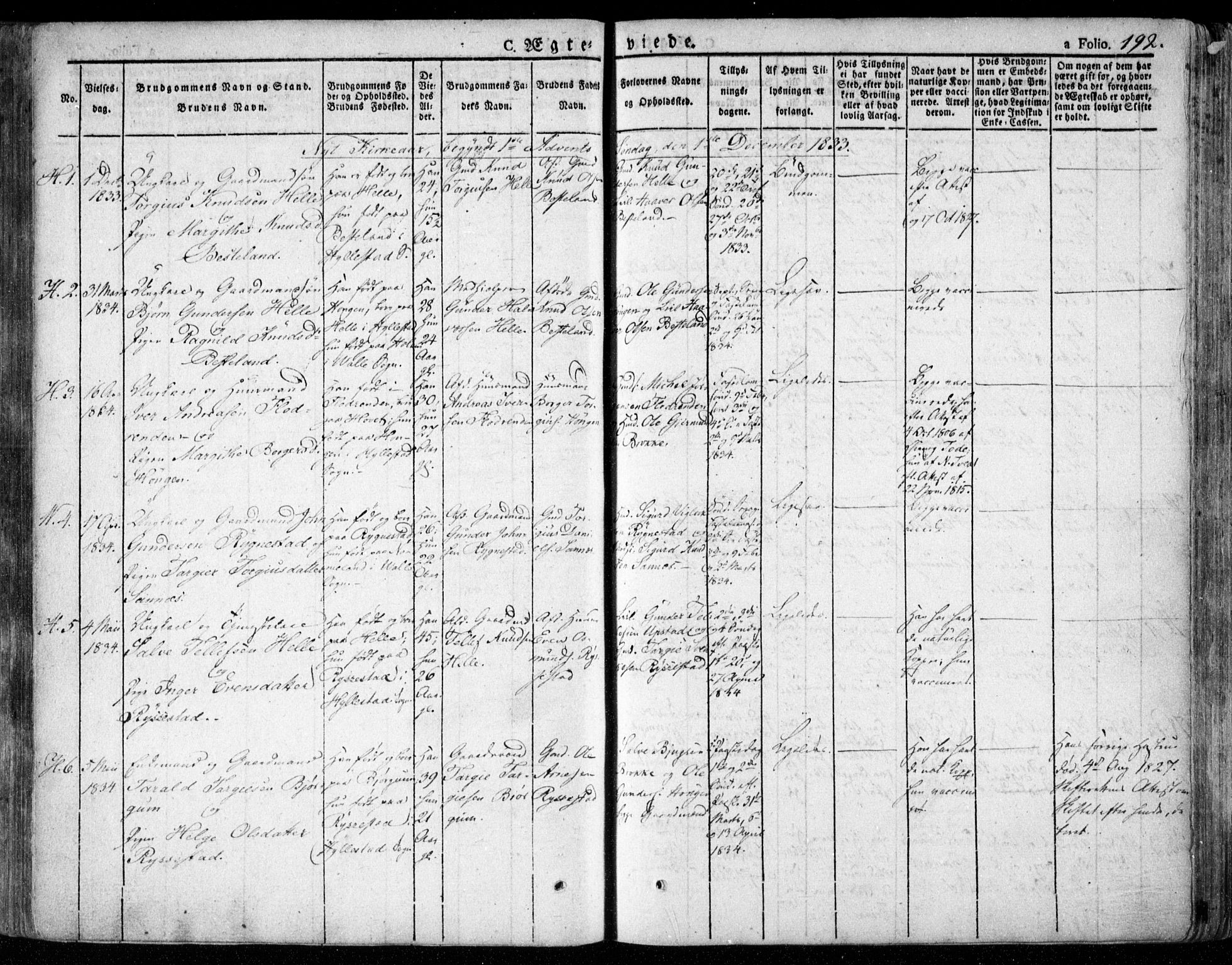 Valle sokneprestkontor, SAK/1111-0044/F/Fa/Fac/L0006: Parish register (official) no. A 6, 1831-1853, p. 192