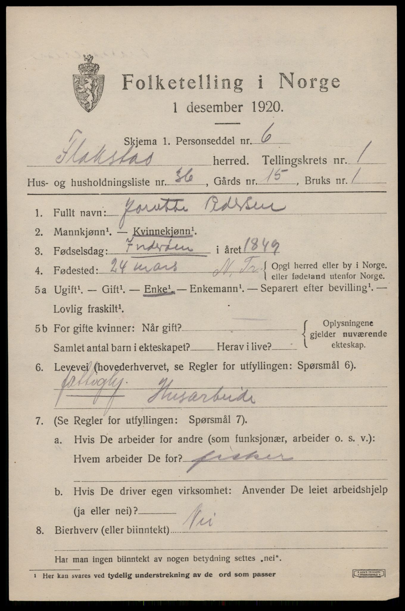 SAT, 1920 census for Flakstad, 1920, p. 995