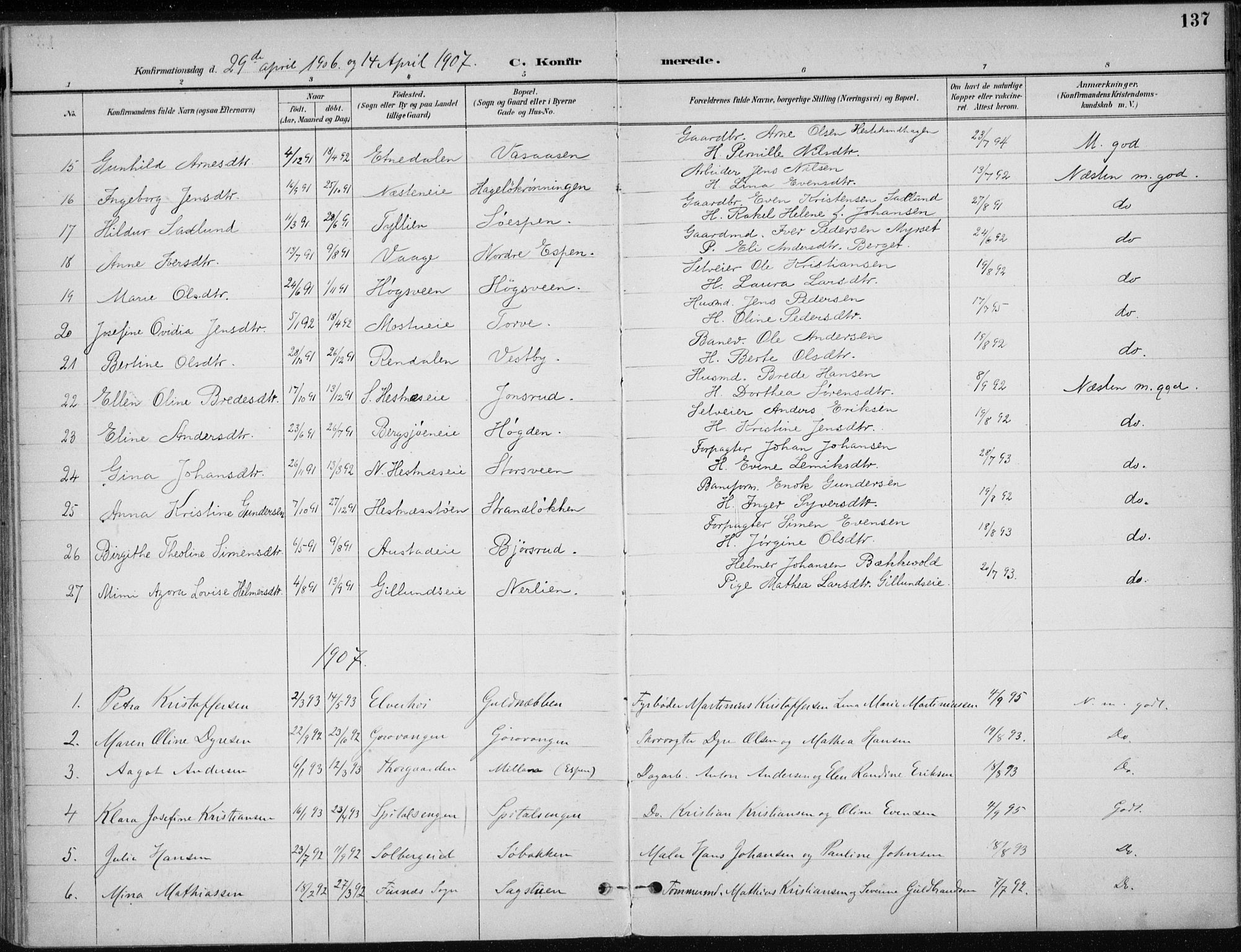 Stange prestekontor, SAH/PREST-002/K/L0023: Parish register (official) no. 23, 1897-1920, p. 137