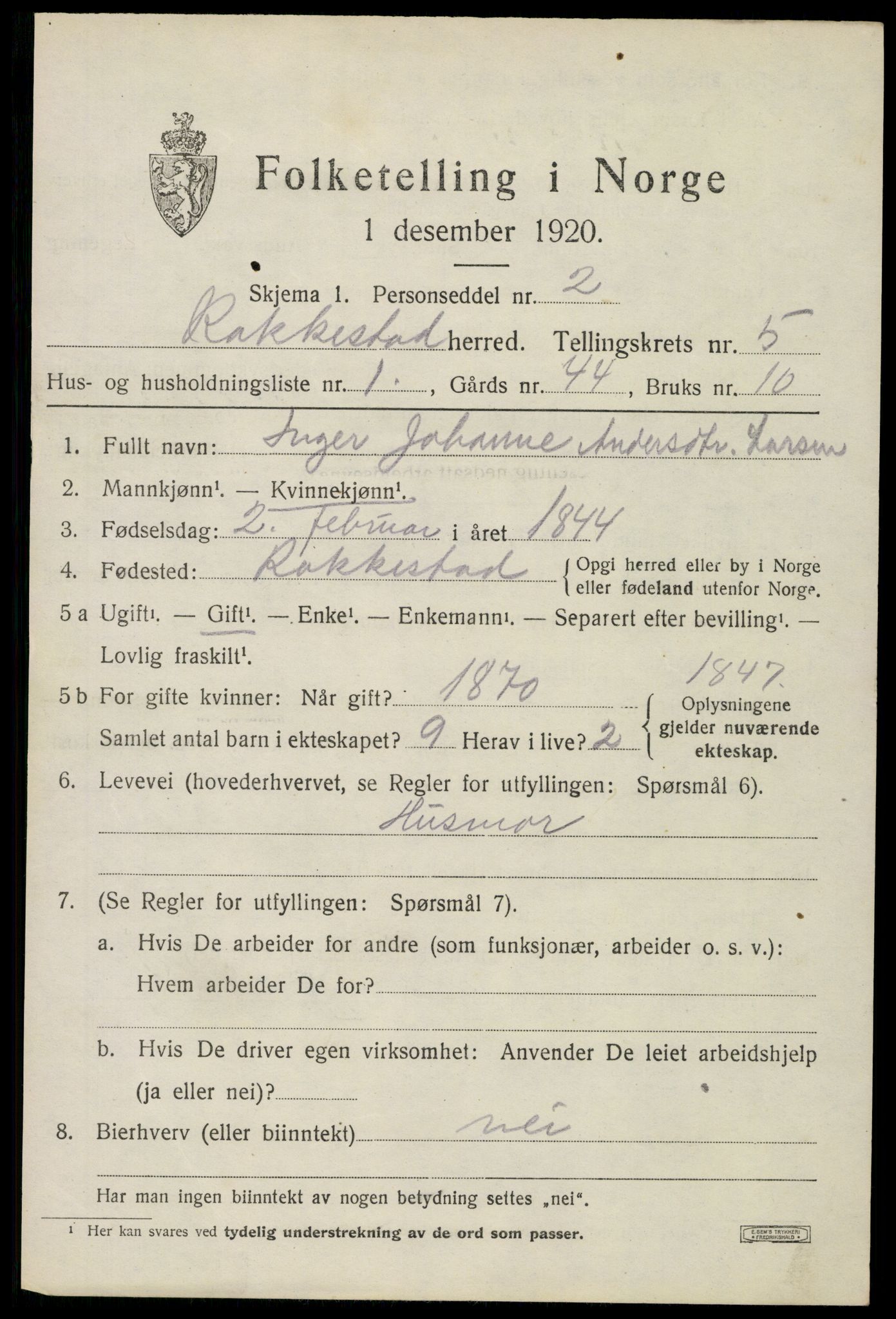 SAO, 1920 census for Rakkestad, 1920, p. 6011