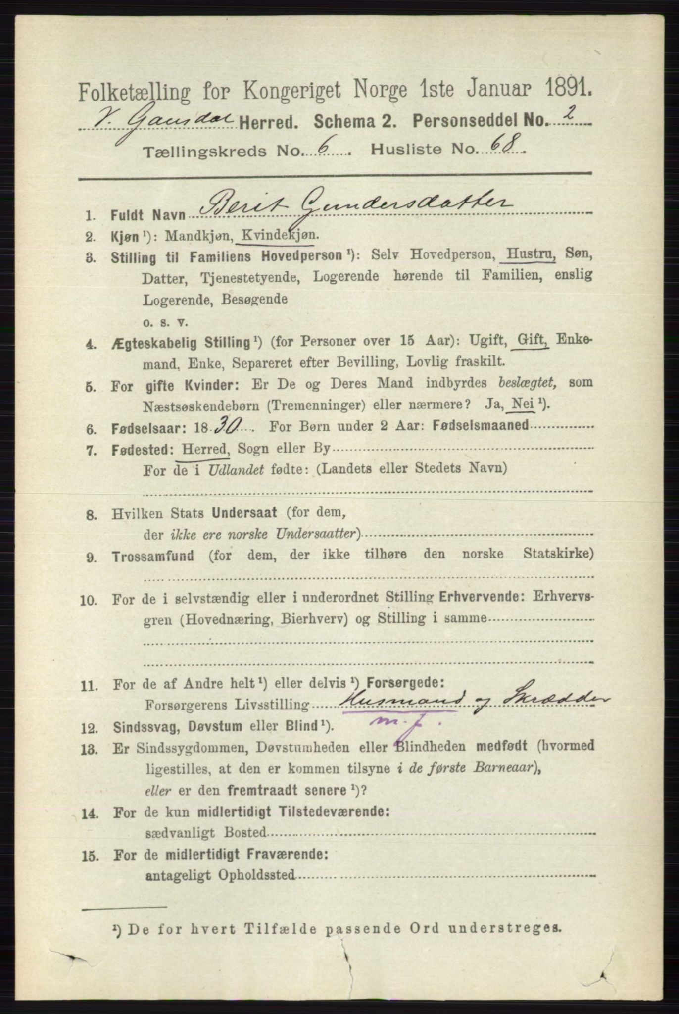 RA, 1891 census for 0523 Vestre Gausdal, 1891, p. 2910