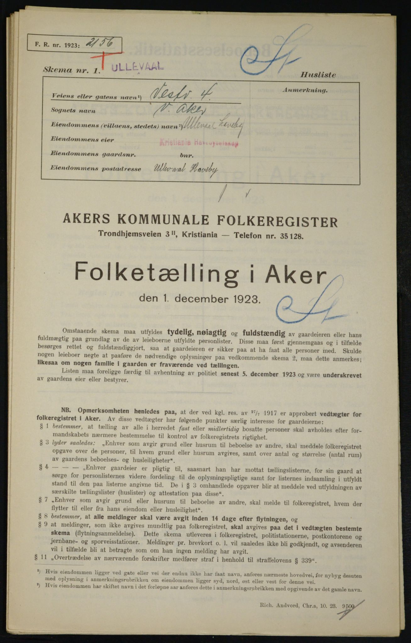 , Municipal Census 1923 for Aker, 1923, p. 21913