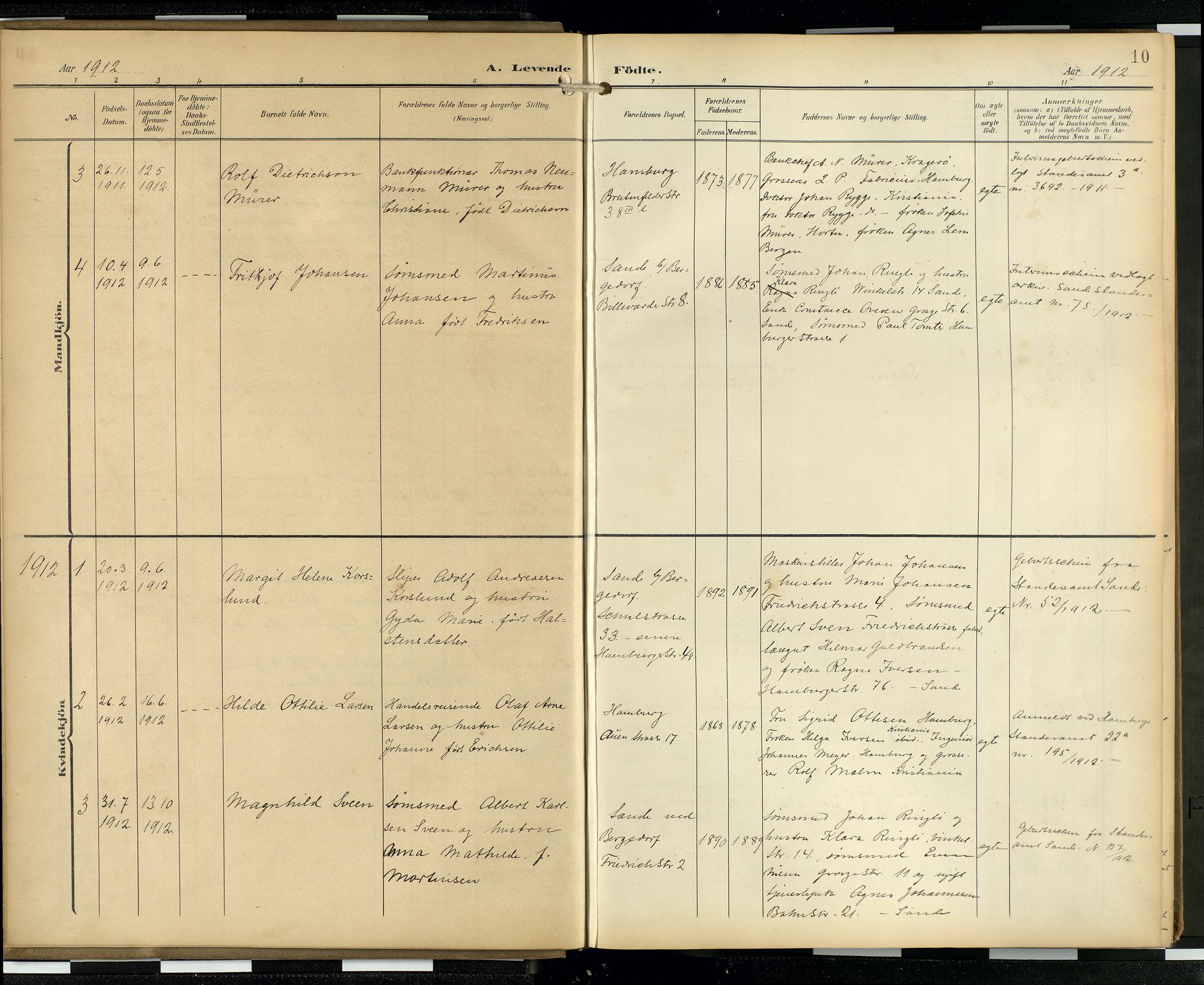 Den norske sjømannsmisjon i utlandet/Hamburg, AV/SAB-SAB/PA-0107/H/Ha/L0001: Parish register (official) no. A 1, 1907-1951, p. 9b-10a