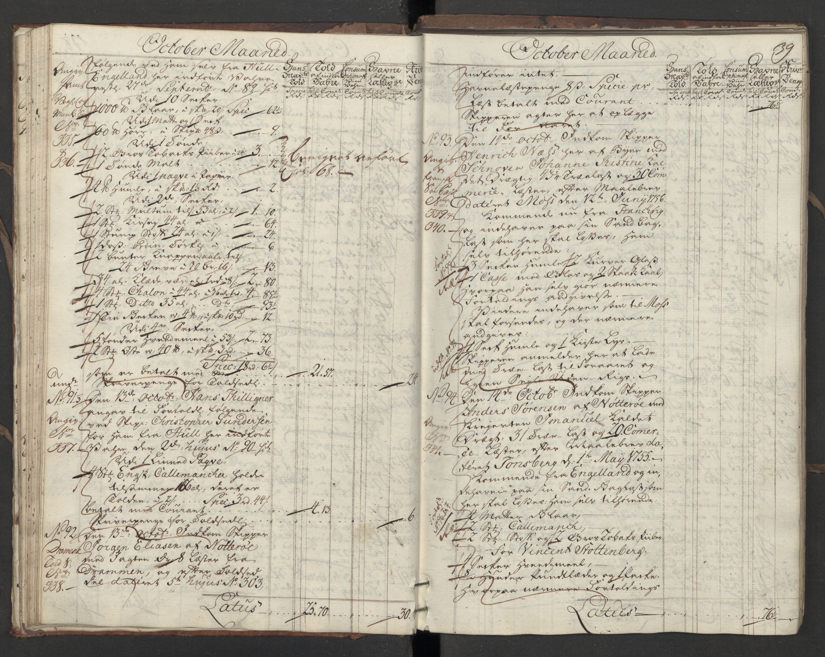 Generaltollkammeret, tollregnskaper, AV/RA-EA-5490/R10/L0018/0001: Tollregnskaper Tønsberg / Inngående hovedtollbok, 1756, p. 38b-39a