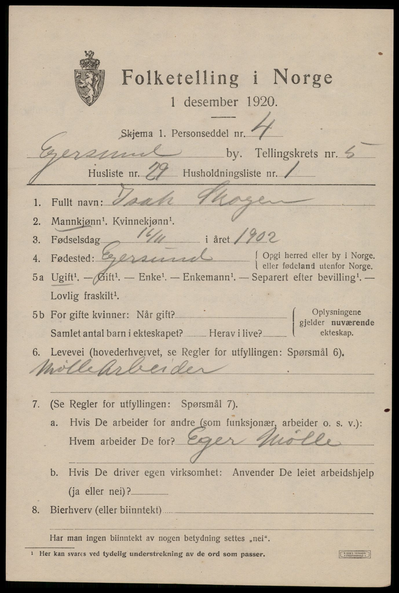 SAST, 1920 census for Egersund town, 1920, p. 8422