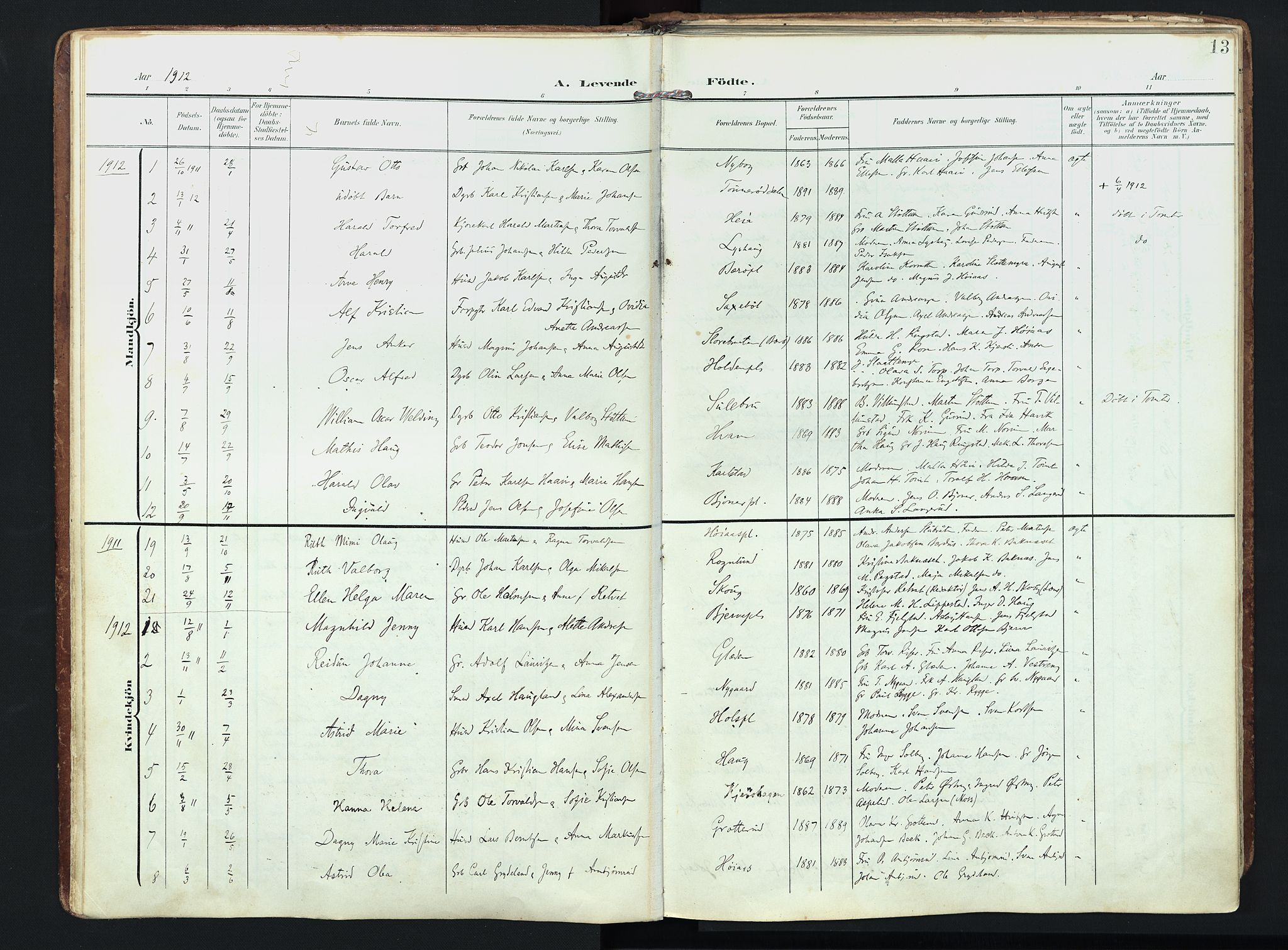 Hobøl prestekontor Kirkebøker, AV/SAO-A-2002/F/Fa/L0006: Parish register (official) no. I 6, 1905-1927, p. 13