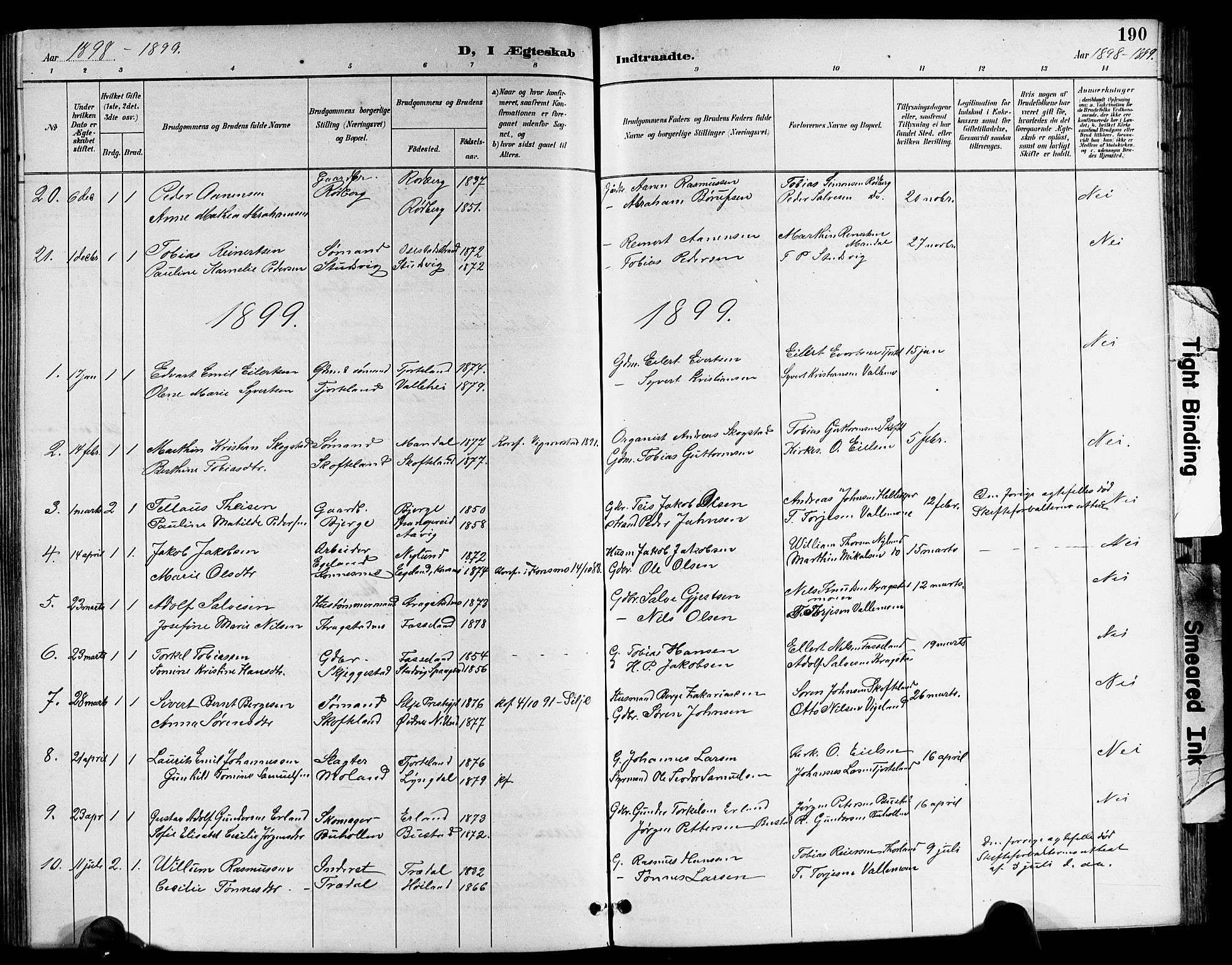 Sør-Audnedal sokneprestkontor, SAK/1111-0039/F/Fb/Fbb/L0006: Parish register (copy) no. B 6, 1893-1915, p. 190