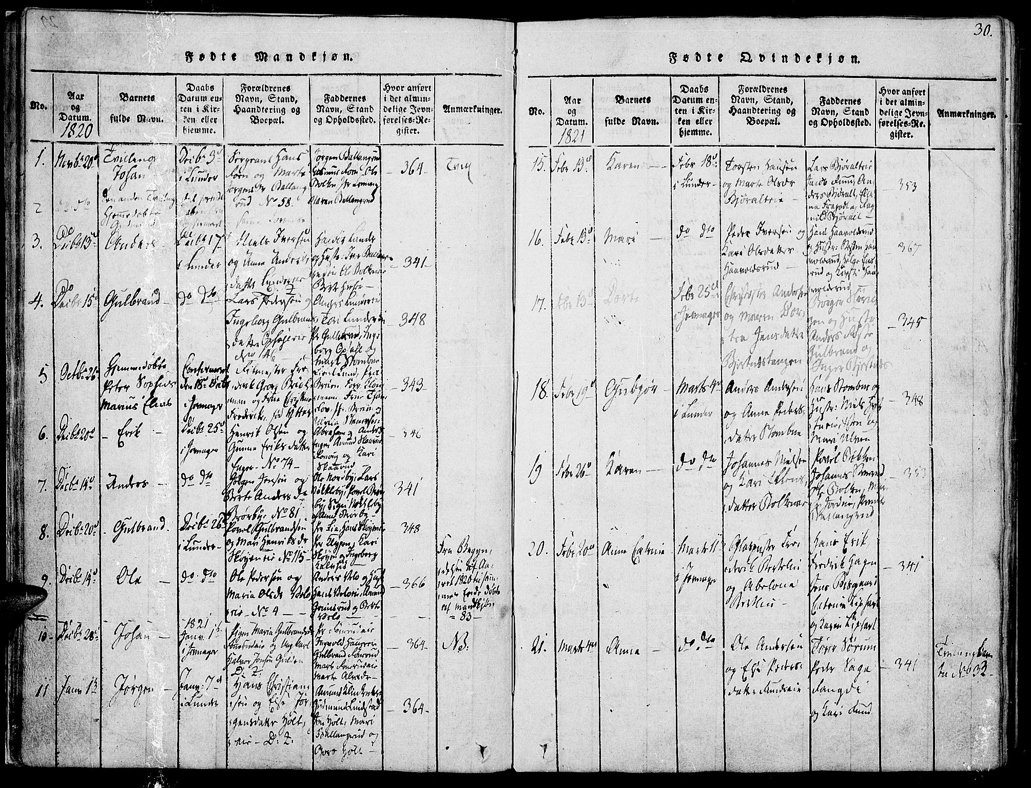 Jevnaker prestekontor, SAH/PREST-116/H/Ha/Haa/L0005: Parish register (official) no. 5, 1815-1837, p. 30
