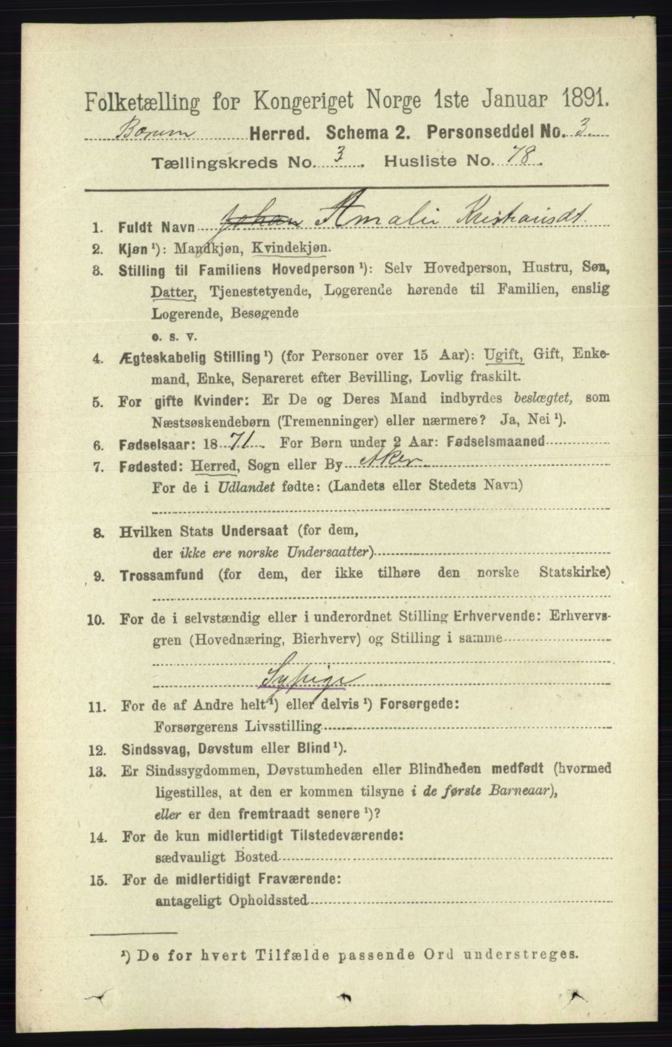 RA, 1891 census for 0219 Bærum, 1891, p. 2397