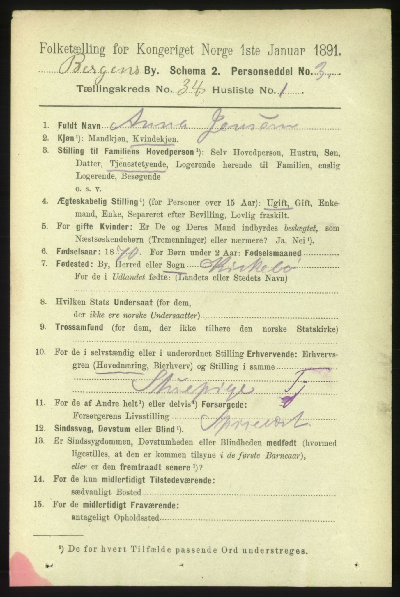 RA, 1891 Census for 1301 Bergen, 1891, p. 42089