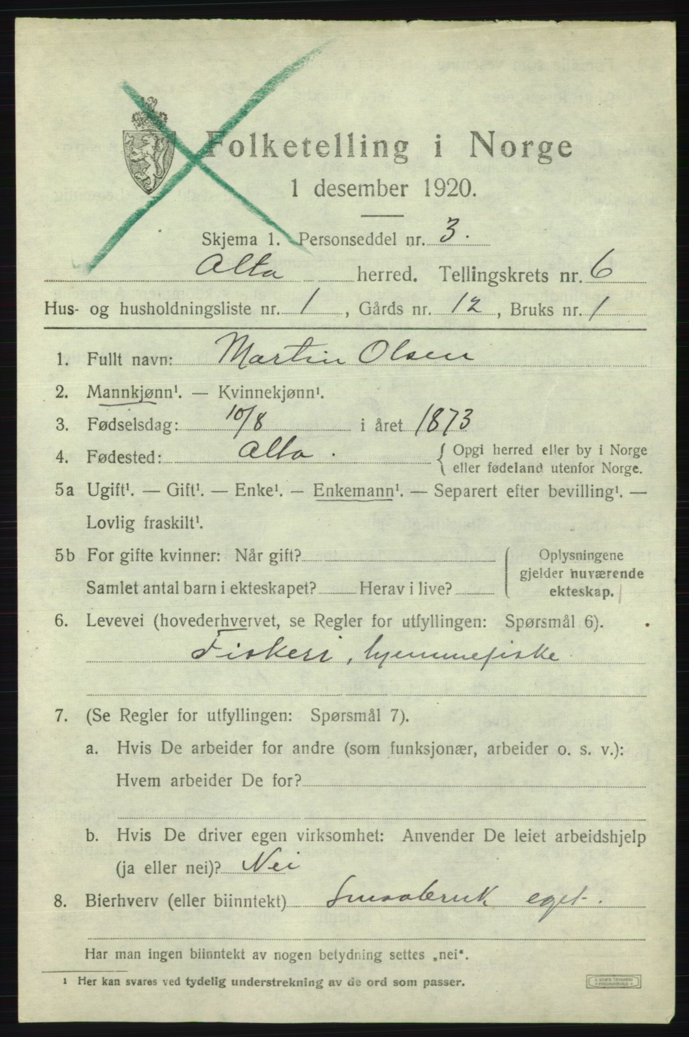 SATØ, 1920 census for Alta, 1920, p. 3889