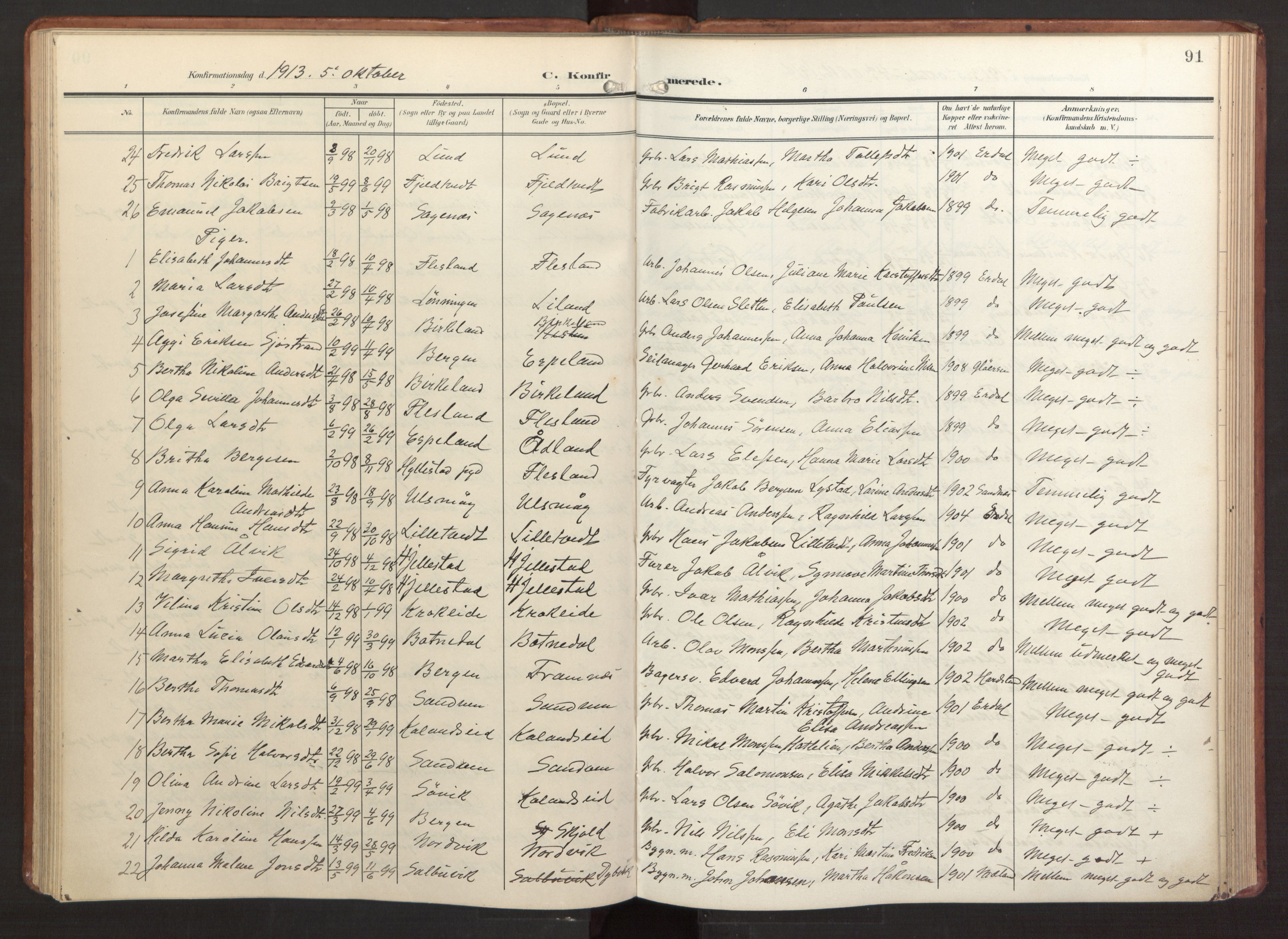 Fana Sokneprestembete, AV/SAB-A-75101/H/Haa/Haab/L0004: Parish register (official) no. B 4, 1908-1915, p. 91