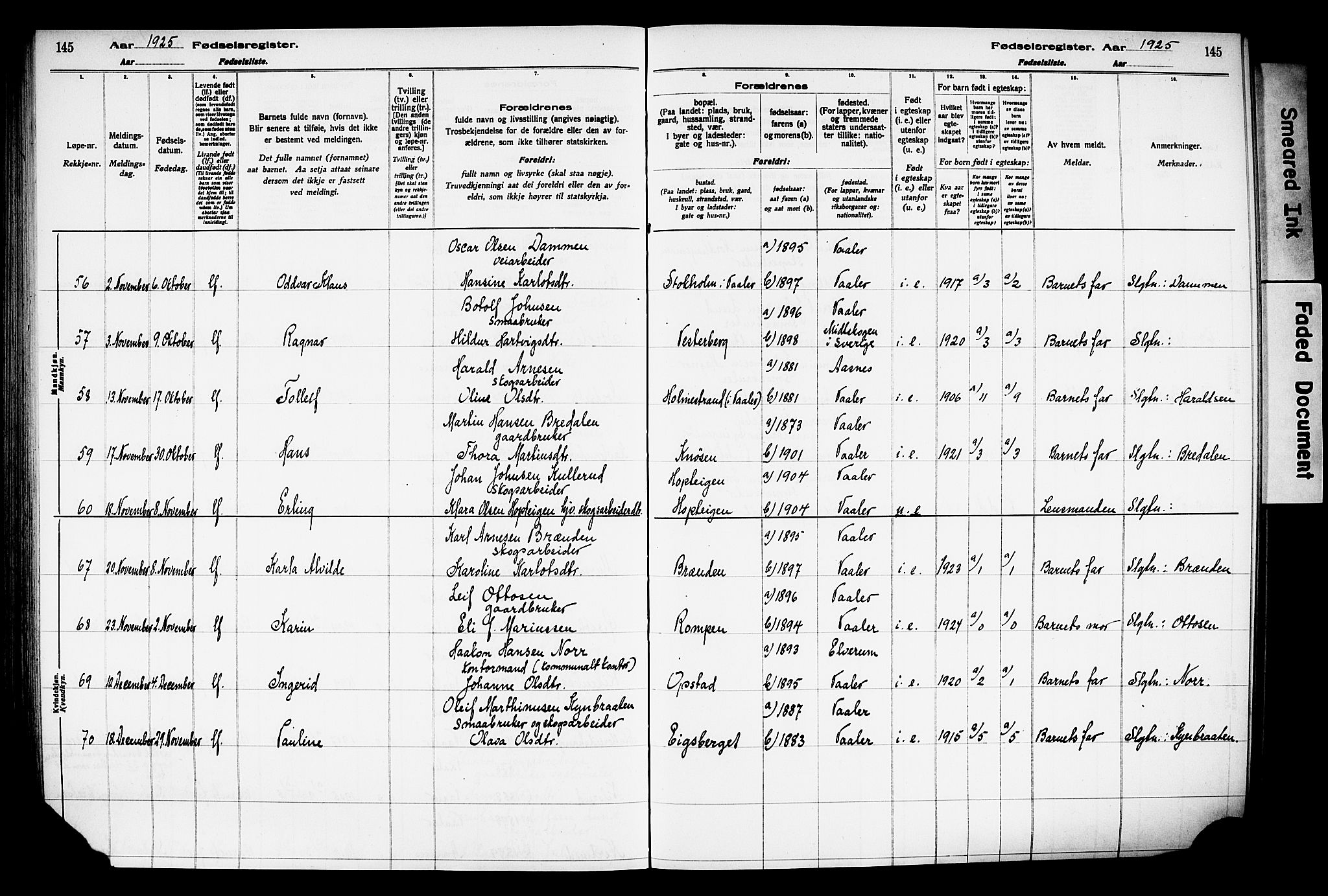 Våler prestekontor, Hedmark, AV/SAH-PREST-040/I/Id/L0001: Birth register no. 1, 1916-1930, p. 145