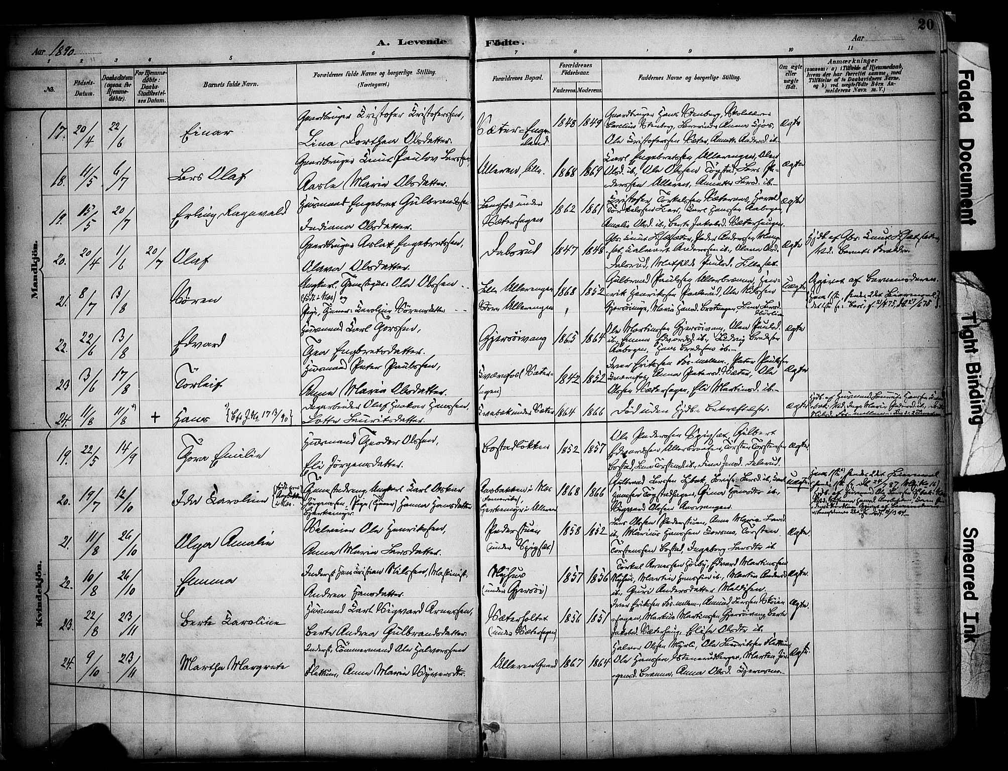 Sør-Odal prestekontor, AV/SAH-PREST-030/H/Ha/Haa/L0008: Parish register (official) no. 8, 1886-1922, p. 20