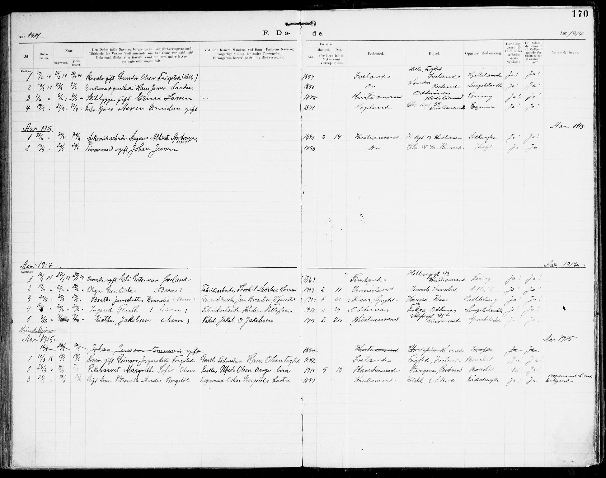Den evangelisk-lutherske frikirke, Kristiansand, SAK/1292-0017/F/Fa/L0003: Dissenter register no. F 11, 1892-1925, p. 170