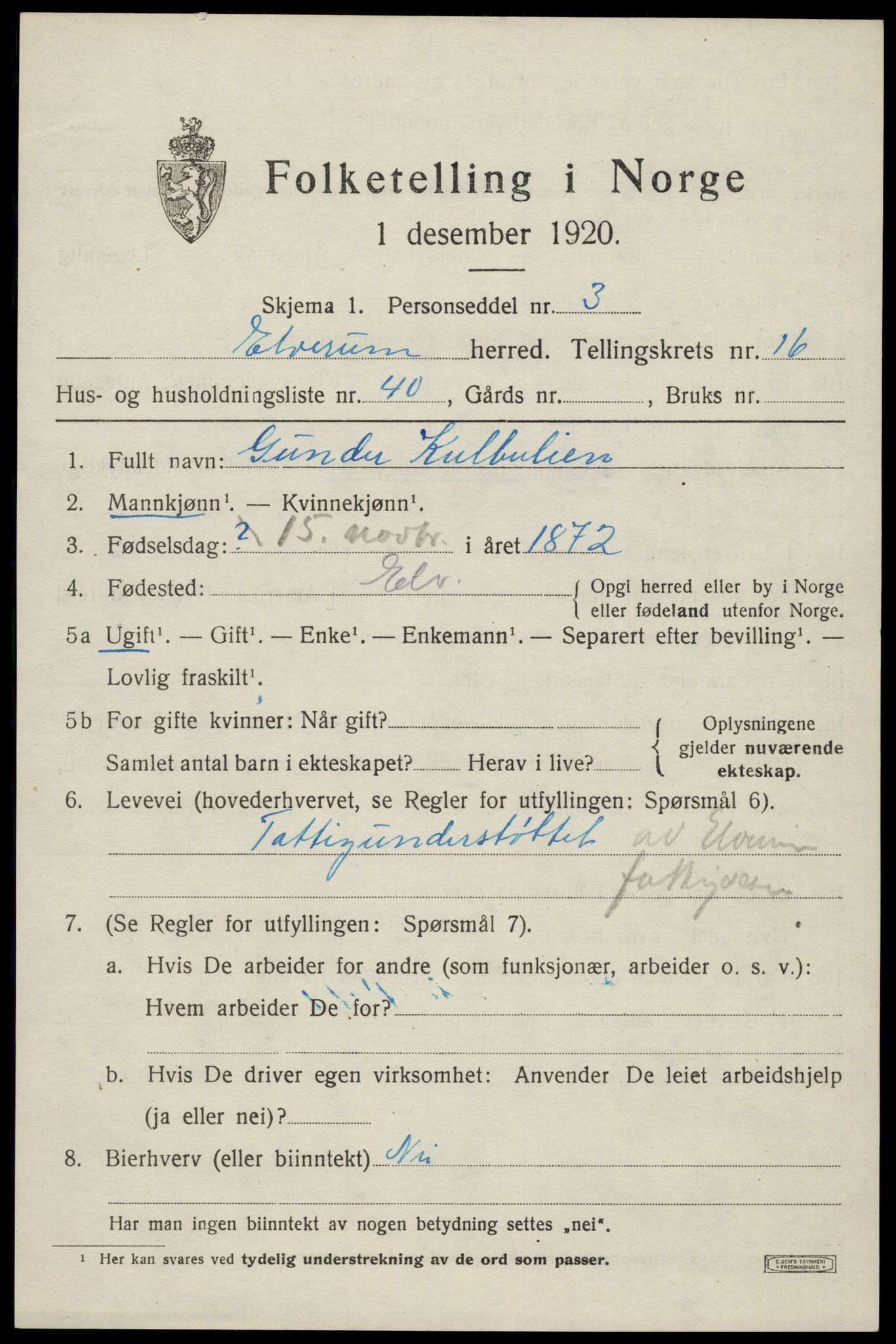 SAH, 1920 census for Elverum, 1920, p. 21226