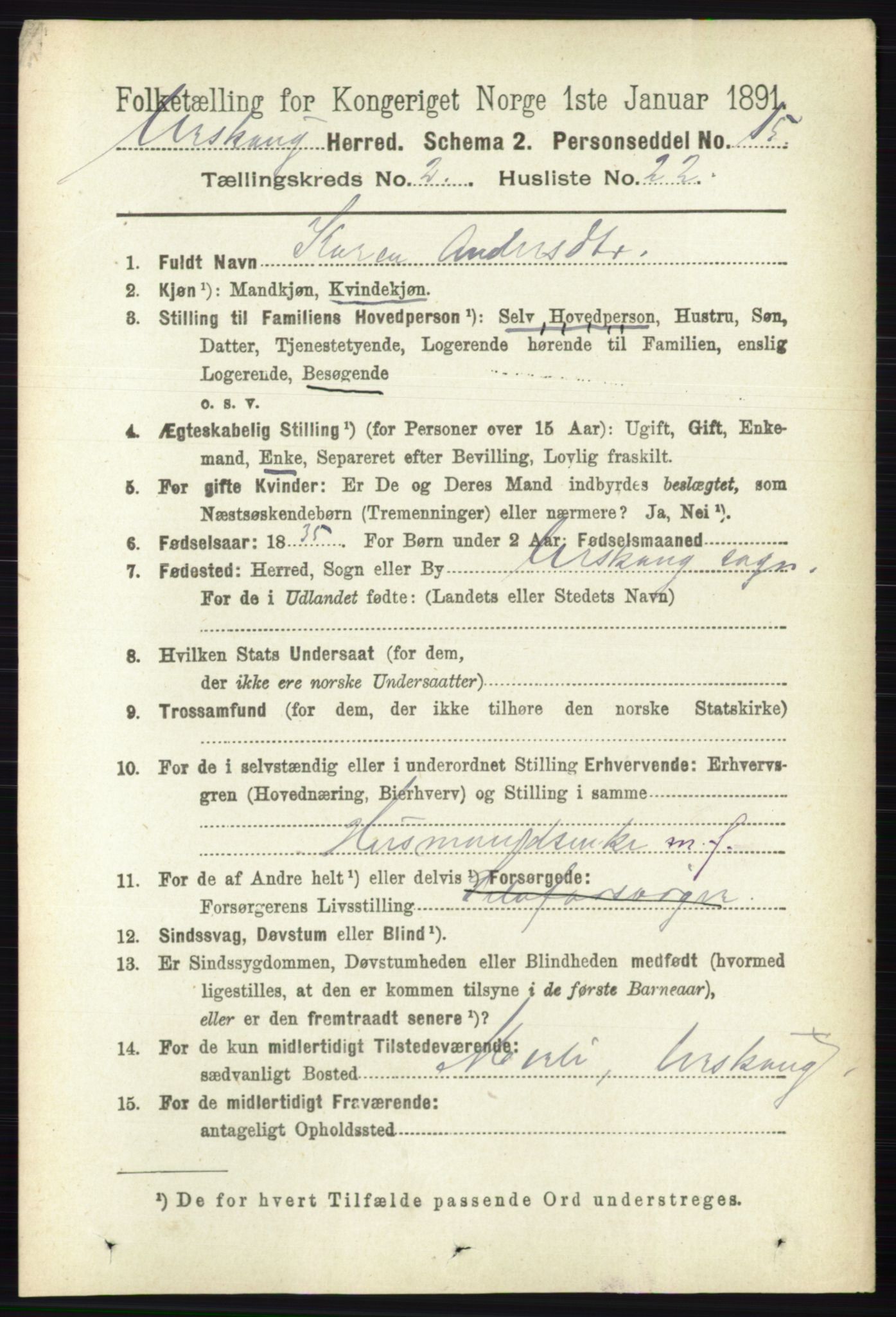 RA, 1891 census for 0224 Aurskog, 1891, p. 346