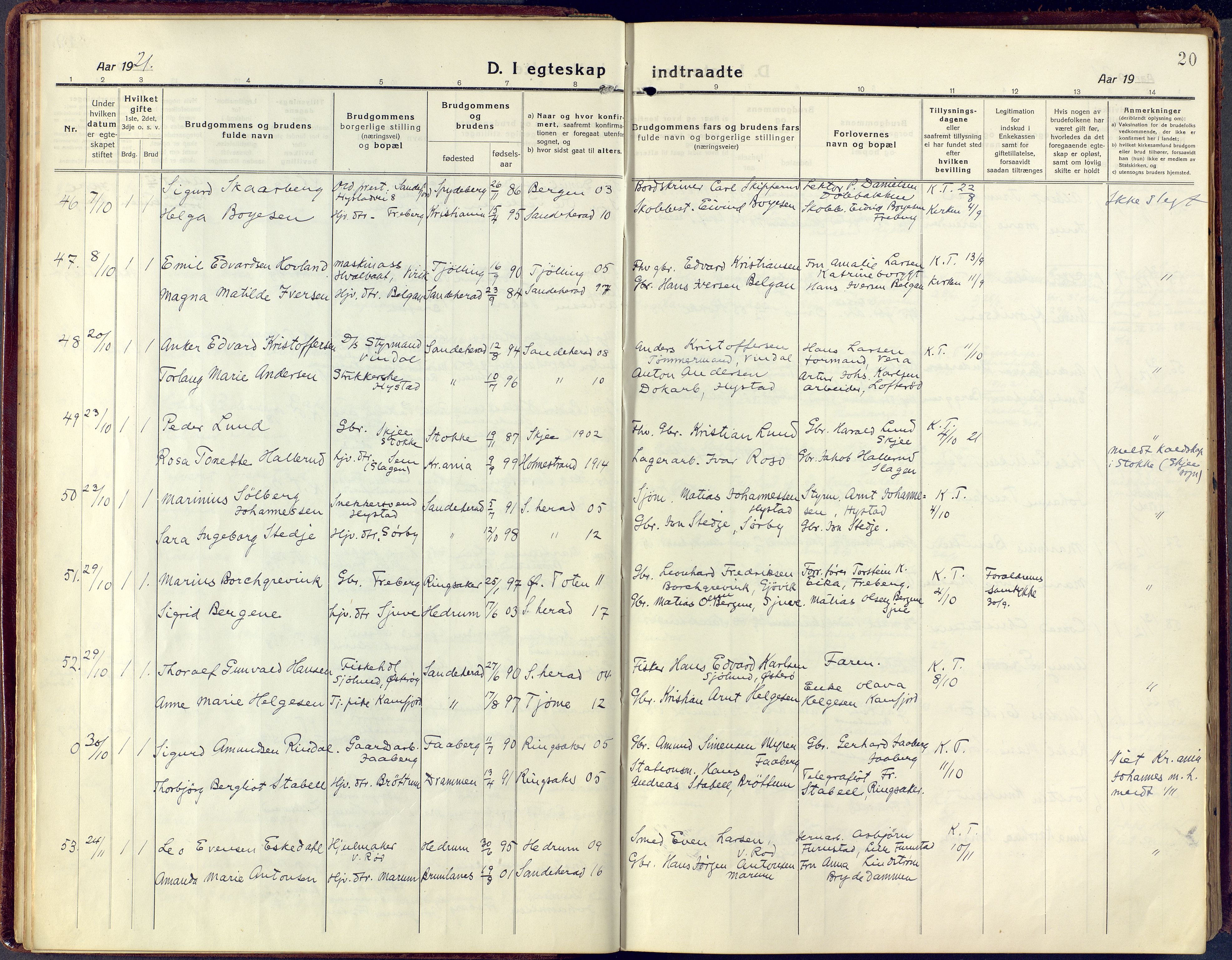 Sandar kirkebøker, SAKO/A-243/F/Fa/L0021: Parish register (official) no. 21, 1919-1925, p. 20