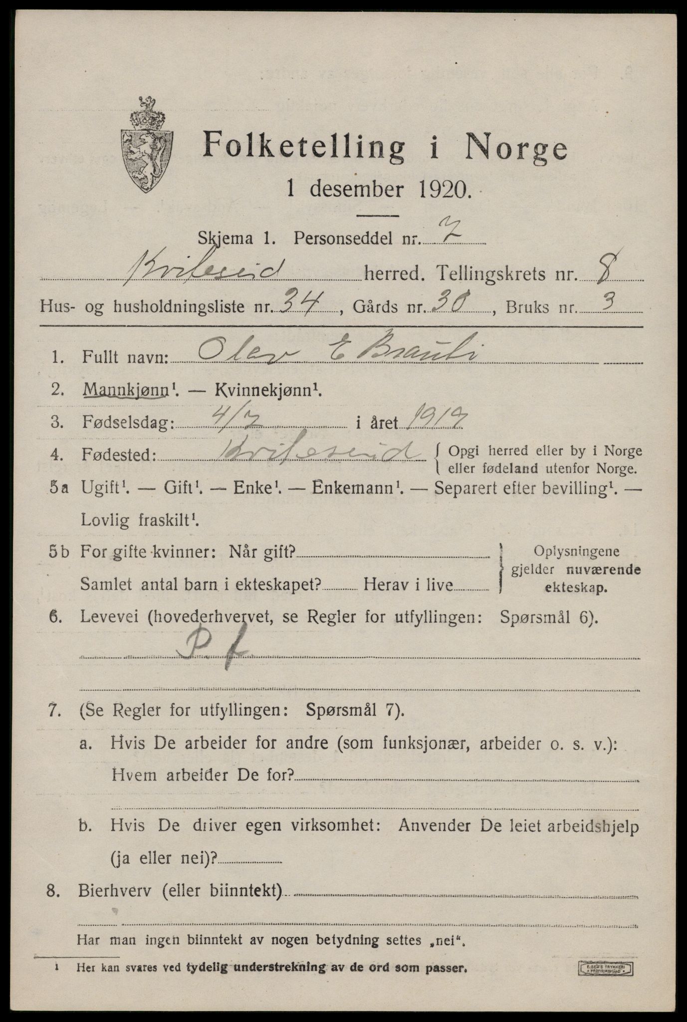 SAKO, 1920 census for Kviteseid, 1920, p. 4131