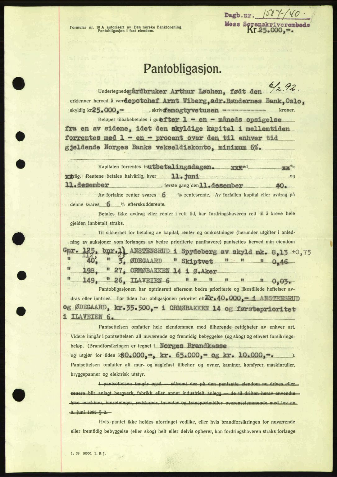 Moss sorenskriveri, SAO/A-10168: Mortgage book no. B10, 1940-1941, Diary no: : 1587/1940