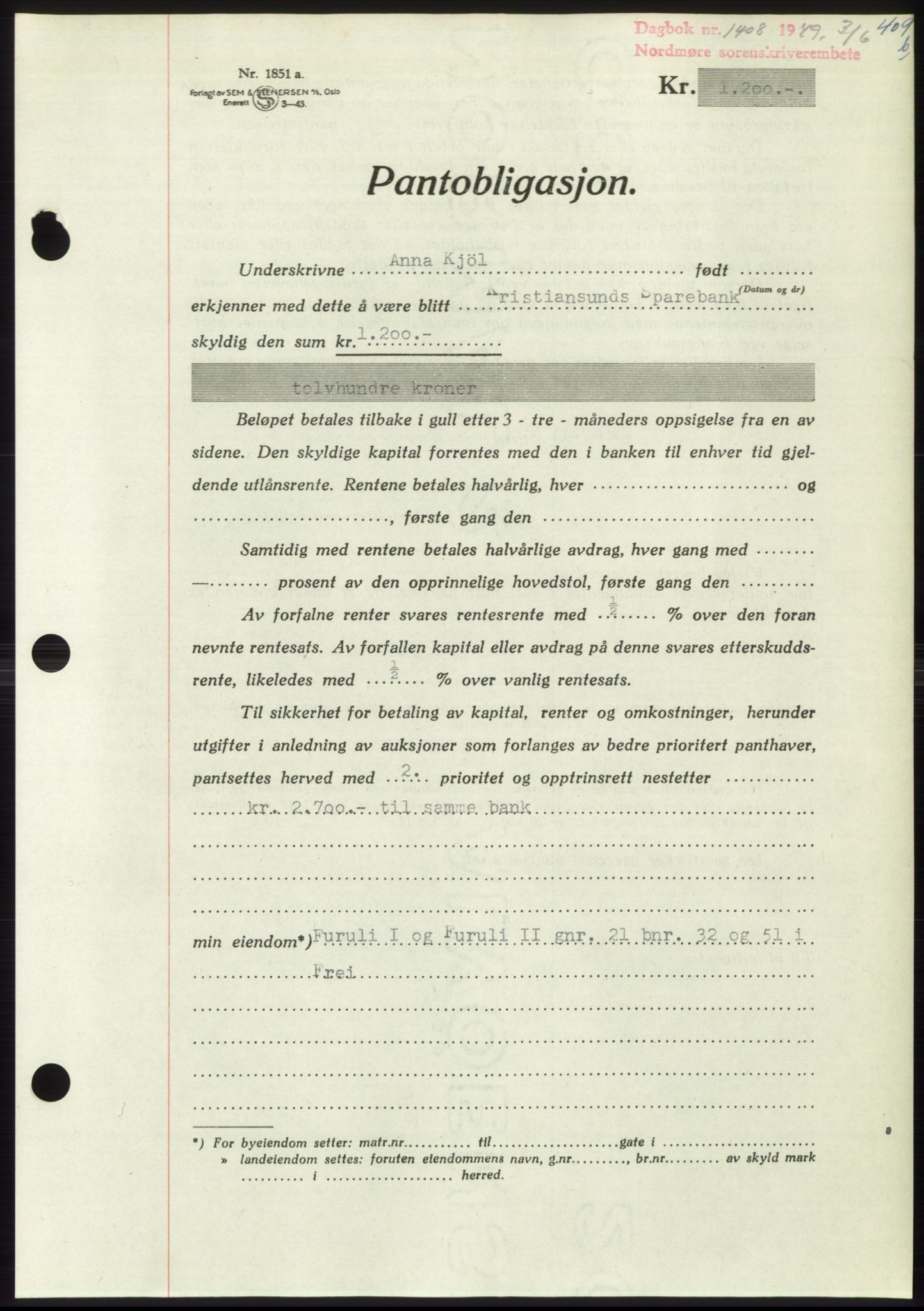 Nordmøre sorenskriveri, AV/SAT-A-4132/1/2/2Ca: Mortgage book no. B101, 1949-1949, Diary no: : 1408/1949