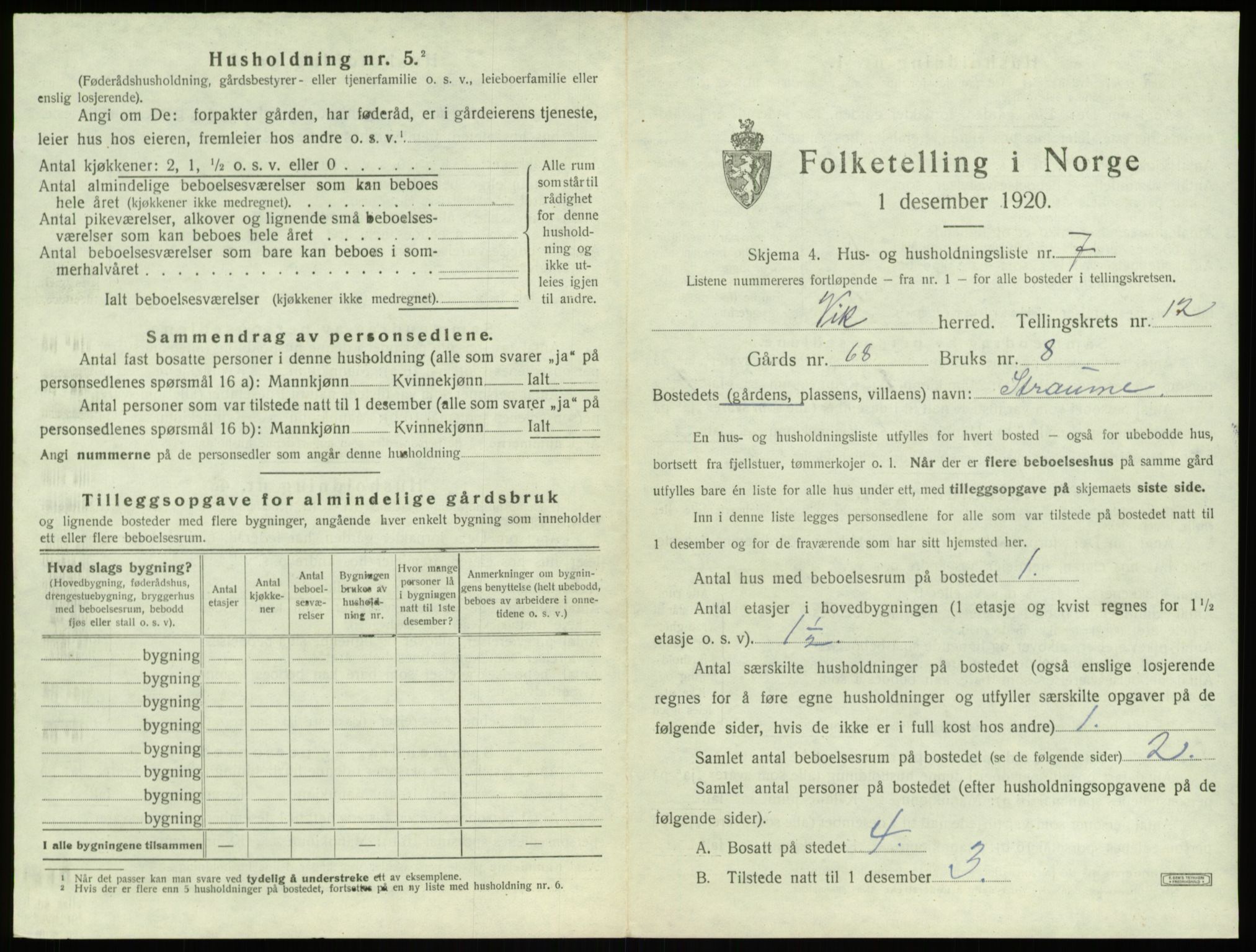 SAB, 1920 census for Vik, 1920, p. 1099