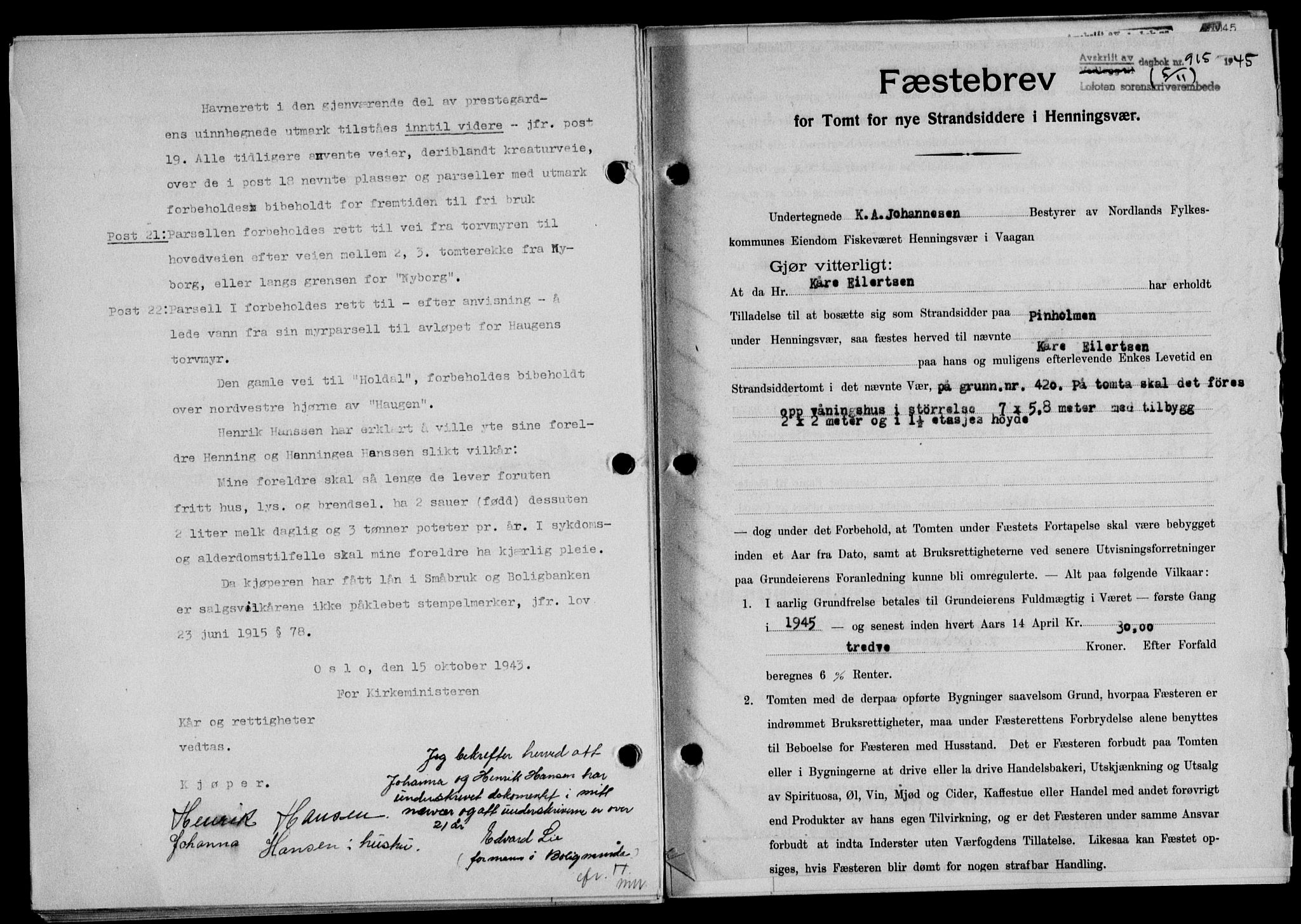 Lofoten sorenskriveri, SAT/A-0017/1/2/2C/L0013a: Mortgage book no. 13a, 1944-1946, Diary no: : 915/1945