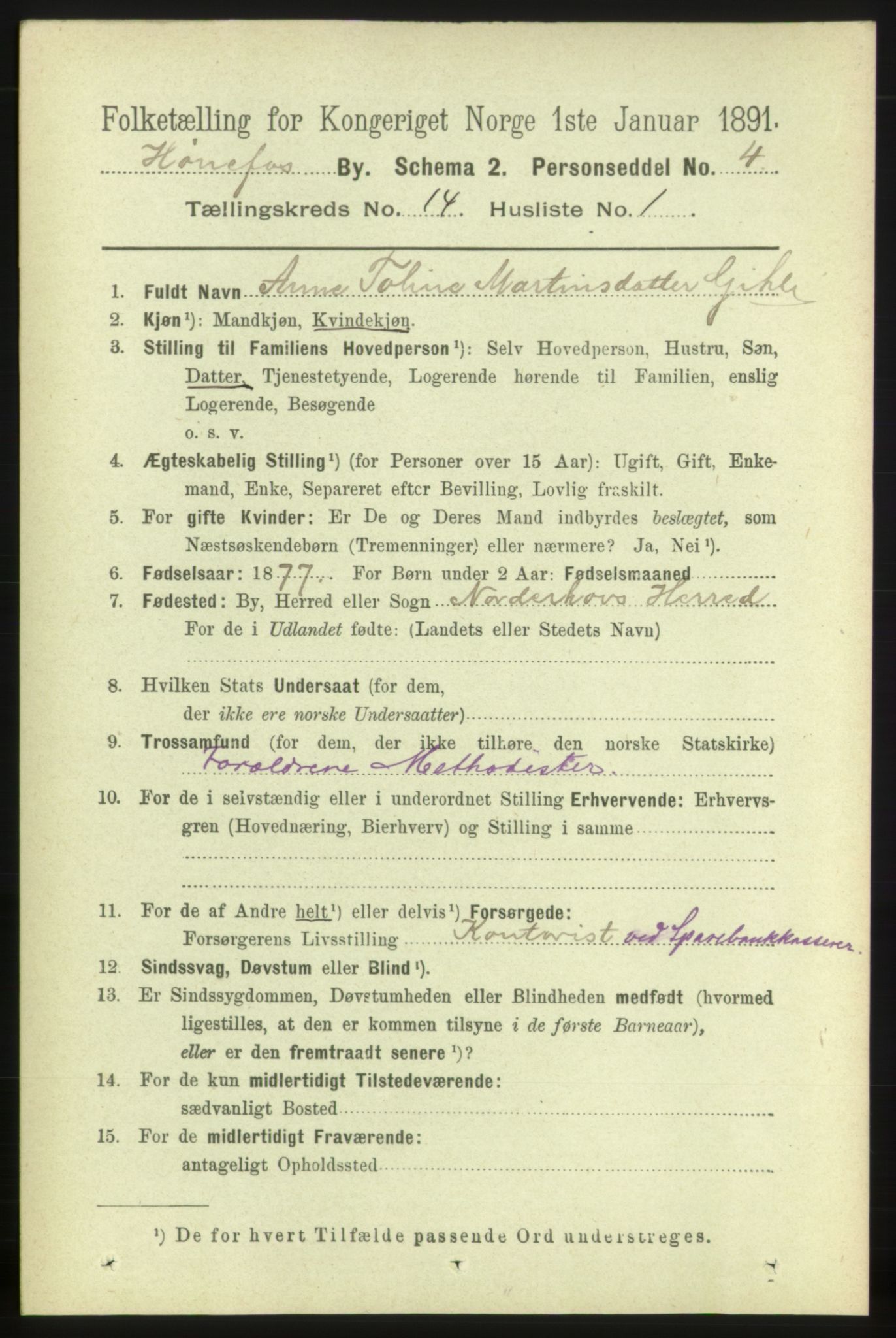 RA, 1891 census for 0601 Hønefoss, 1891, p. 1652