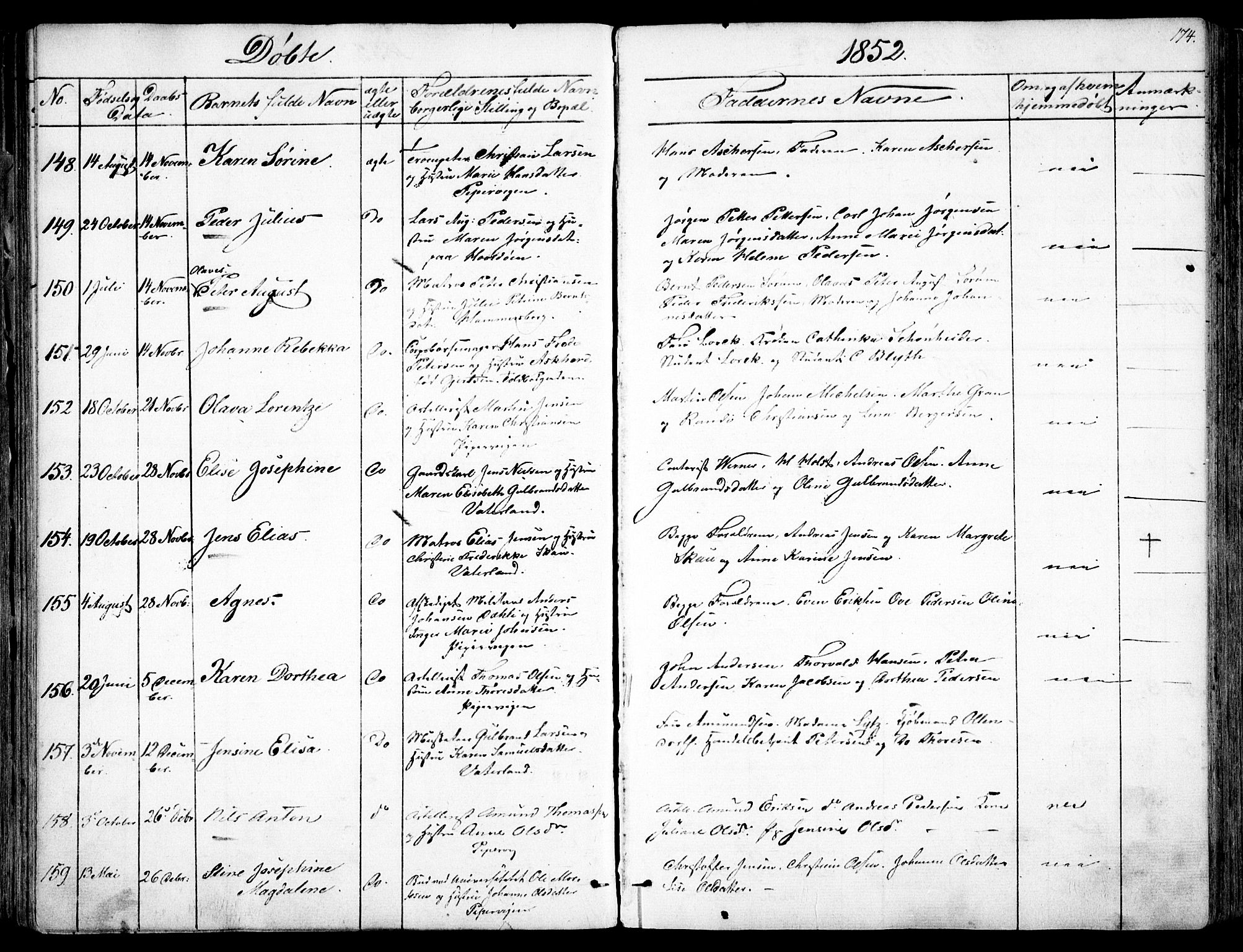 Garnisonsmenigheten Kirkebøker, AV/SAO-A-10846/F/Fa/L0008: Parish register (official) no. 8, 1842-1859, p. 174