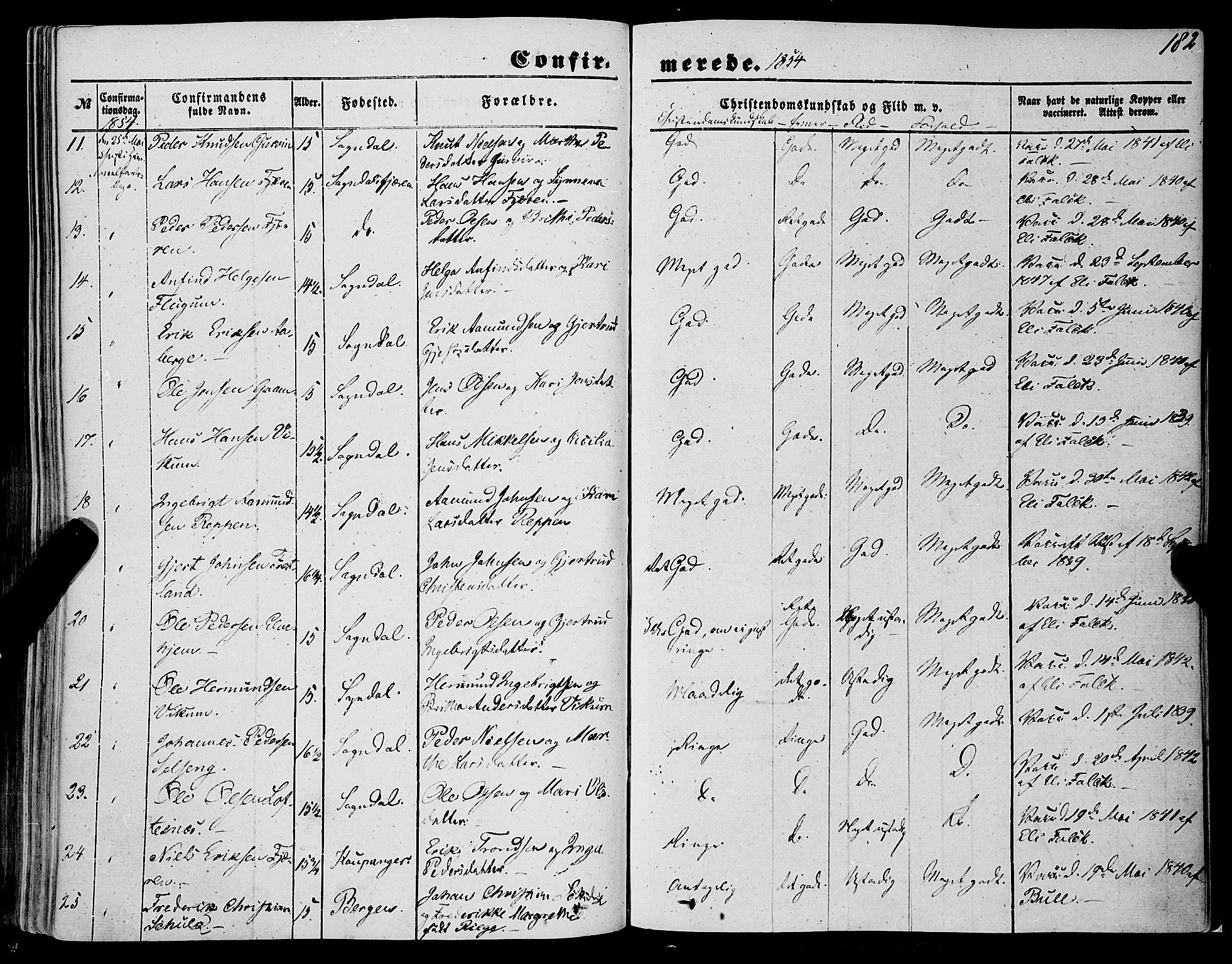 Sogndal sokneprestembete, AV/SAB-A-81301/H/Haa/Haaa/L0012I: Parish register (official) no. A 12I, 1847-1859, p. 182