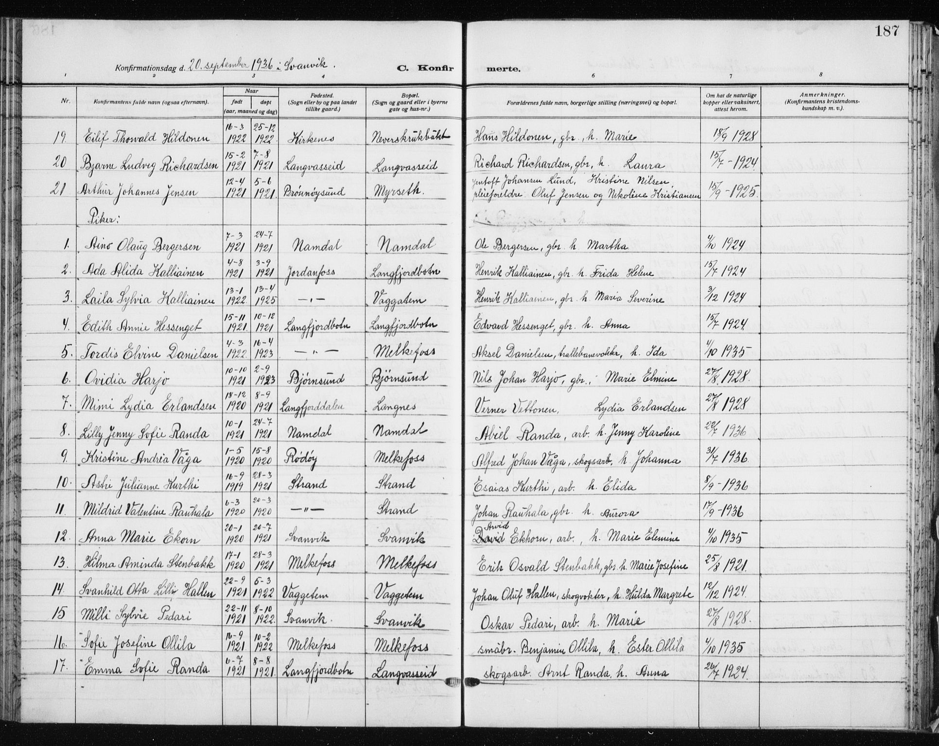 Sør-Varanger sokneprestkontor, AV/SATØ-S-1331/H/Hb/L0006klokker: Parish register (copy) no. 6, 1929-1938, p. 187