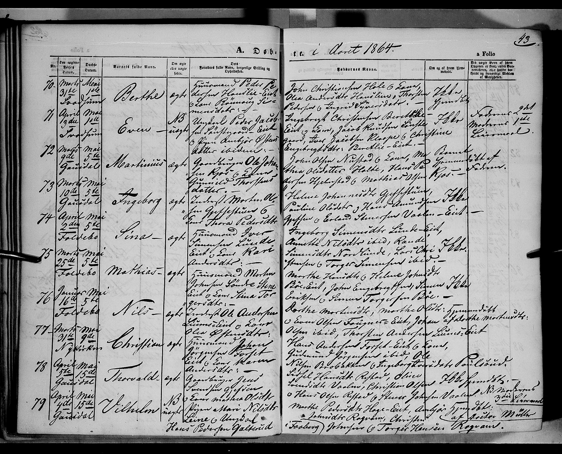 Gausdal prestekontor, AV/SAH-PREST-090/H/Ha/Haa/L0009: Parish register (official) no. 9, 1862-1873, p. 43
