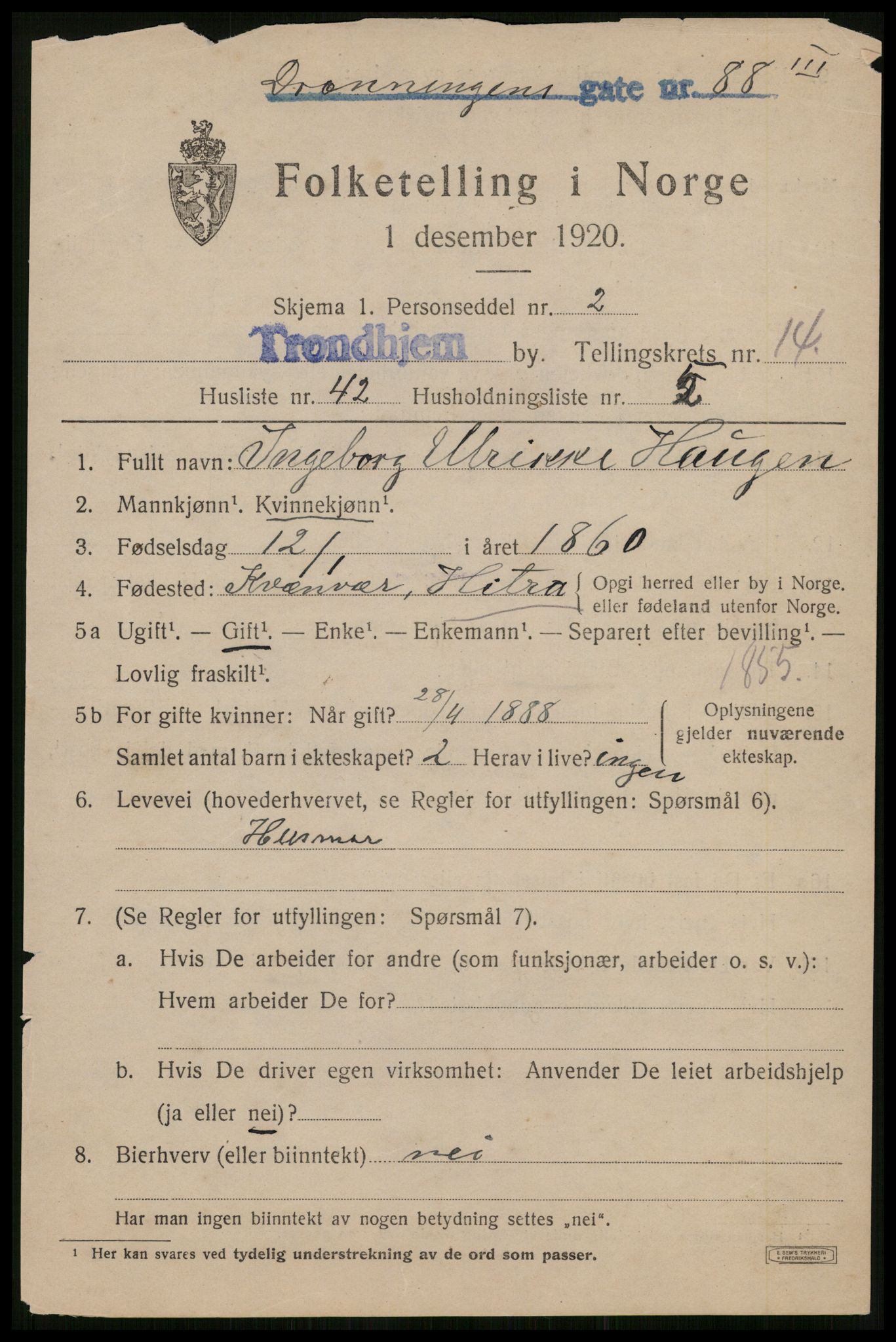 SAT, 1920 census for Trondheim, 1920, p. 52420