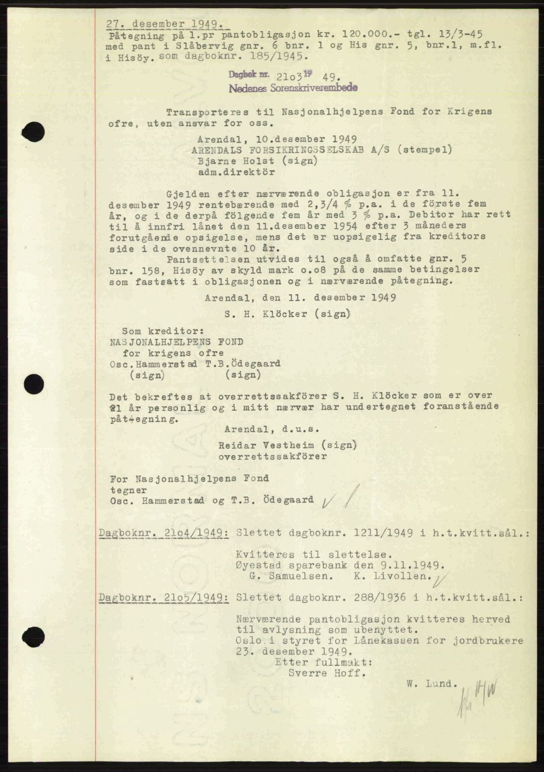 Nedenes sorenskriveri, SAK/1221-0006/G/Gb/Gba/L0062: Mortgage book no. A14, 1949-1950, Diary no: : 2103/1949