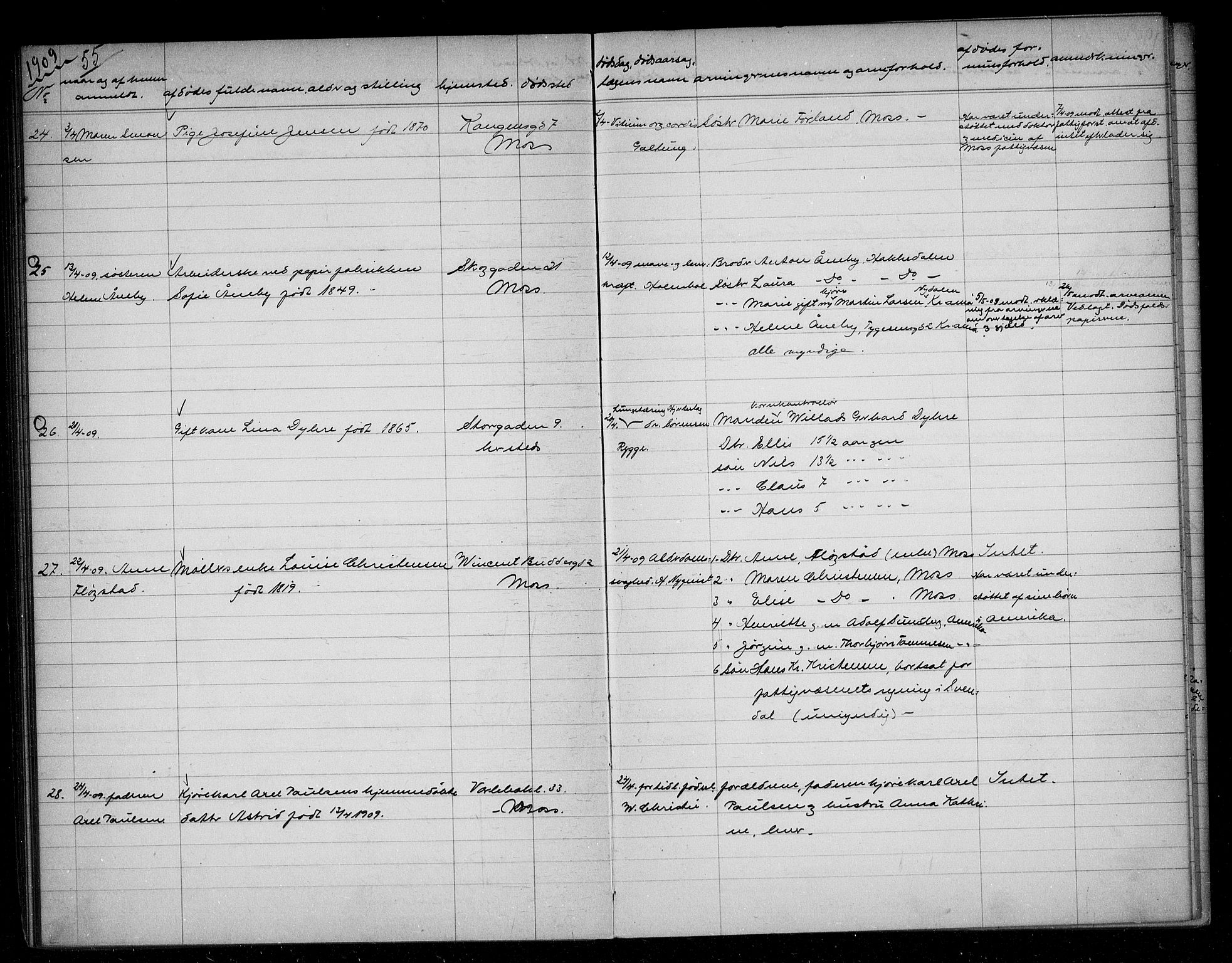 Moss byfogd, AV/SAO-A-10863/H/Ha/Hab/L0004: Dødsanmeldelsesprotokoll, 1906-1914, p. 55