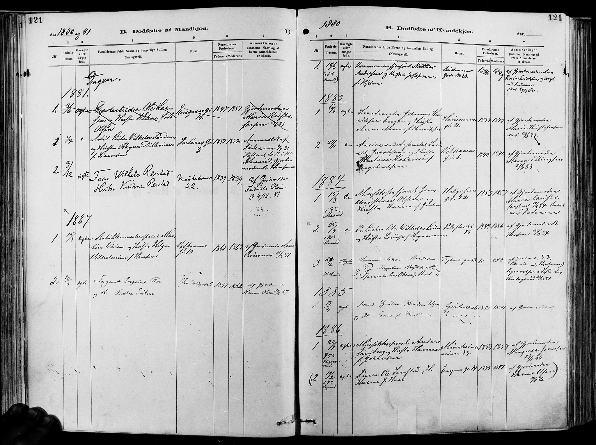 Garnisonsmenigheten Kirkebøker, AV/SAO-A-10846/F/Fa/L0012: Parish register (official) no. 12, 1880-1893, p. 121