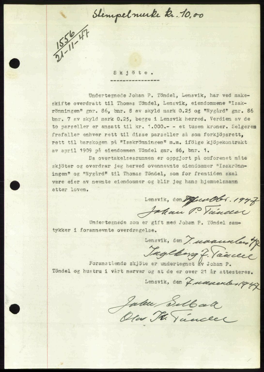 Fosen sorenskriveri, AV/SAT-A-1107/1/2/2C: Mortgage book no. A, 1946-1950, Diary no: : 1556/1947