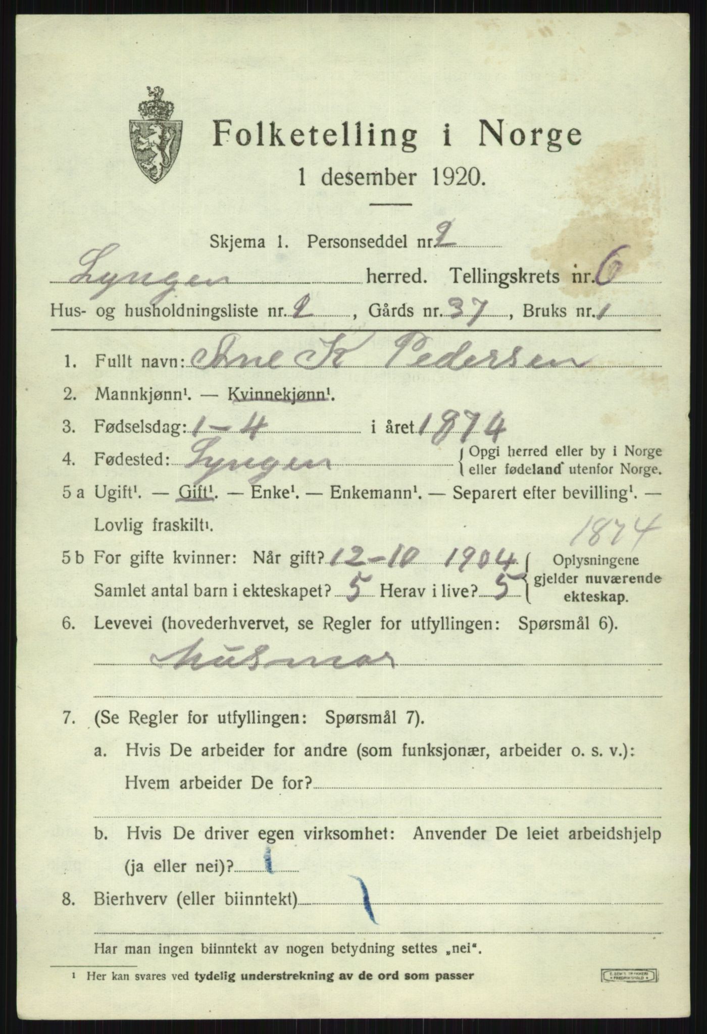 SATØ, 1920 census for Lyngen, 1920, p. 6606