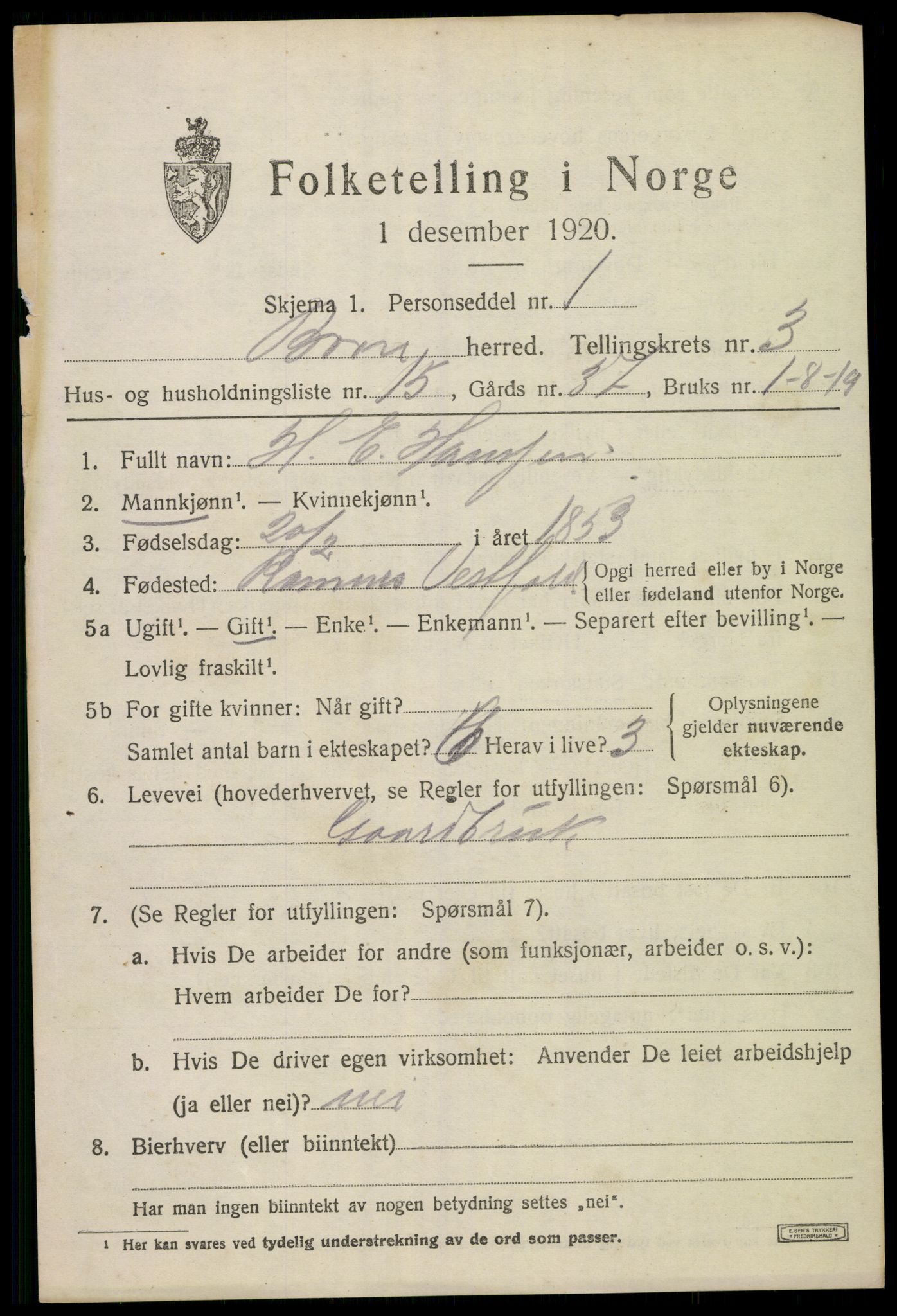 SAKO, 1920 census for Borre, 1920, p. 6200