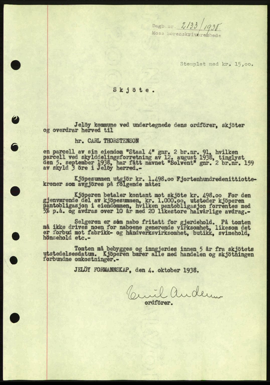 Moss sorenskriveri, SAO/A-10168: Mortgage book no. A5, 1938-1939, Diary no: : 2133/1938